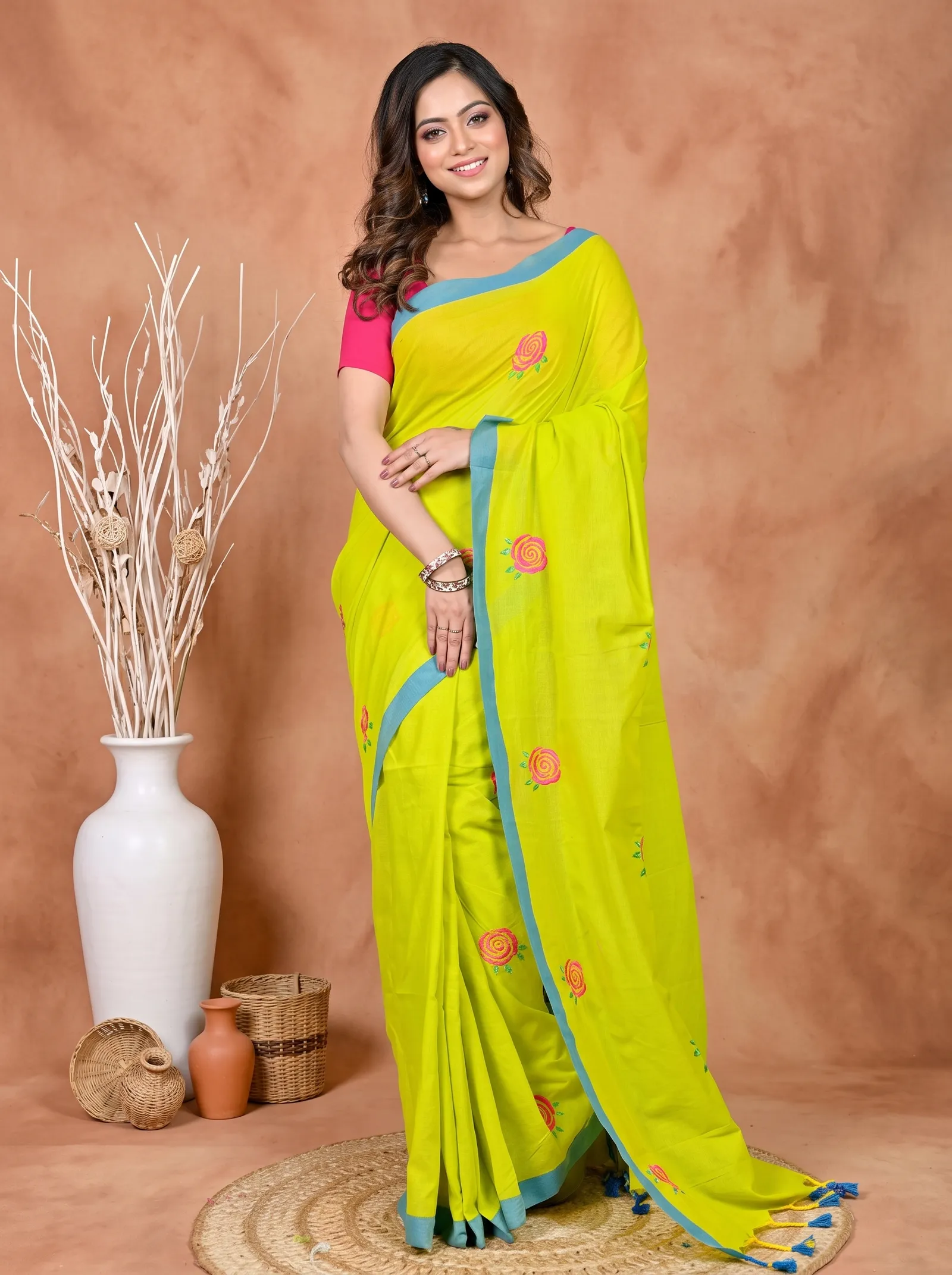 DipDiya Pure Cotton Lime Green Parag Artisan Crafted Embroidery Handloom sarees