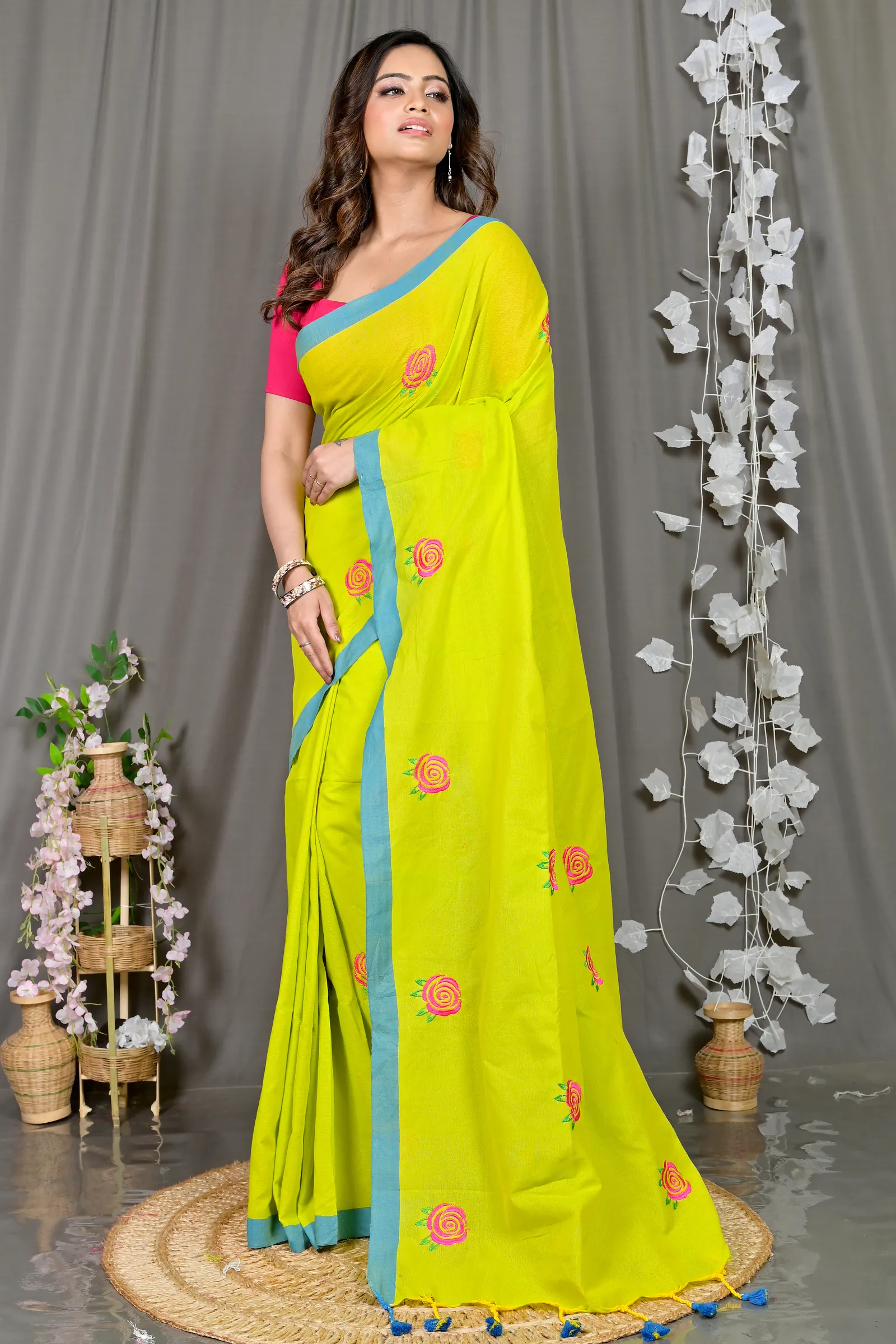 DipDiya Pure Cotton Lime Green Parag Artisan Crafted Embroidery Handloom sarees