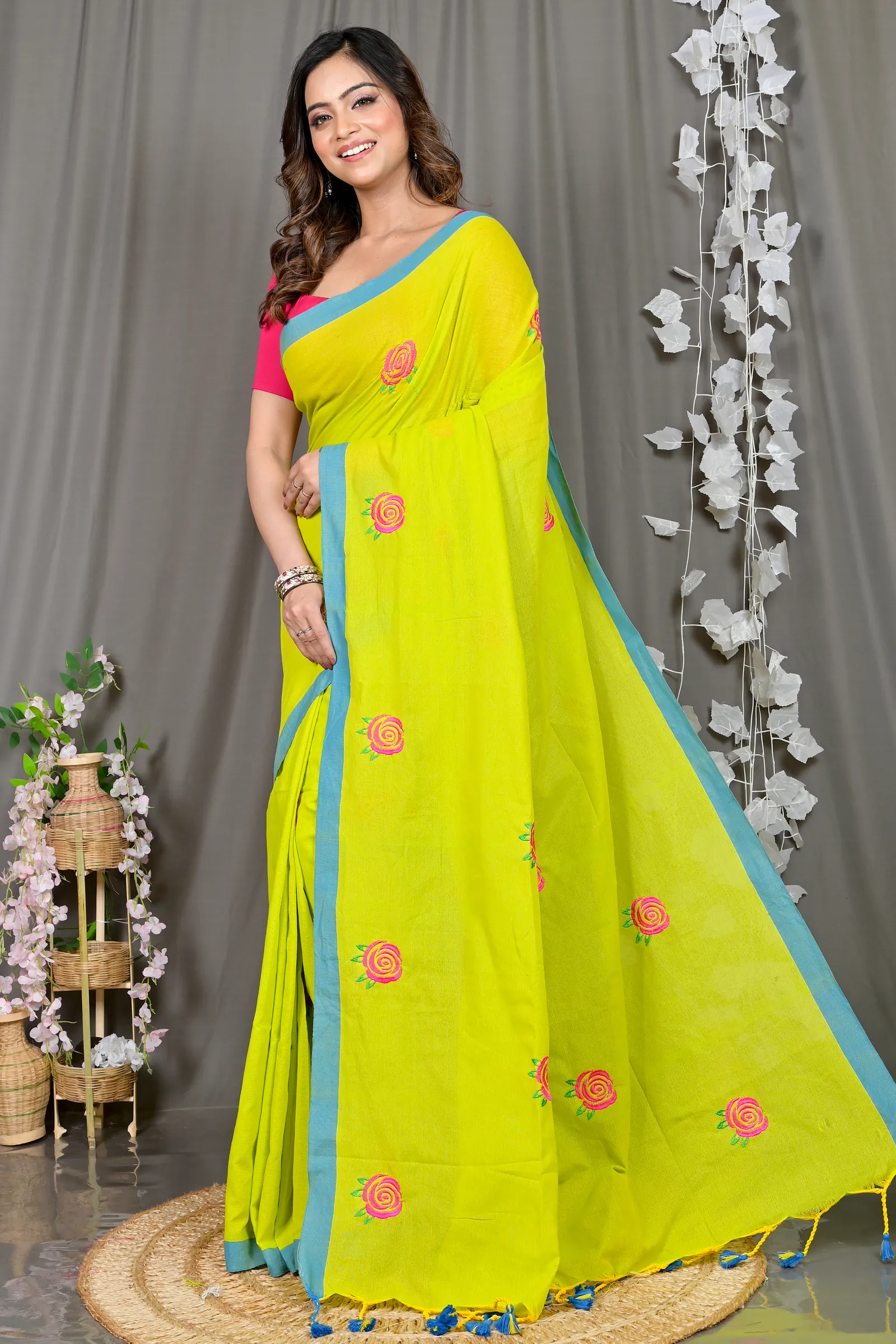 DipDiya Pure Cotton Lime Green Parag Artisan Crafted Embroidery Handloom sarees