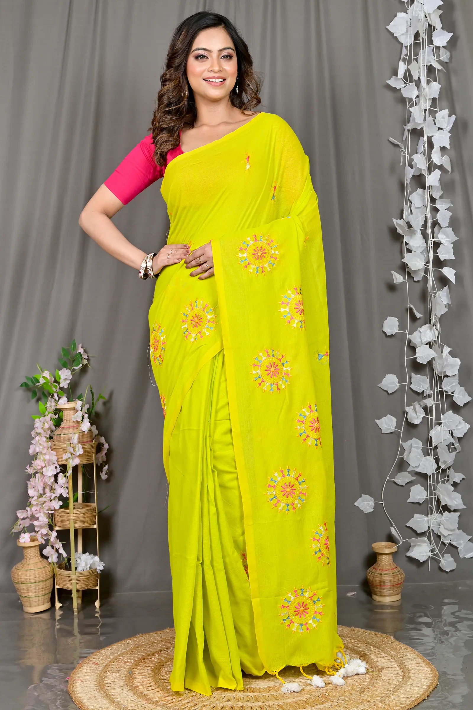 DipDiya Pure Cotton Lime Green Parama Stories of Bengal Embroidery Handloom sarees