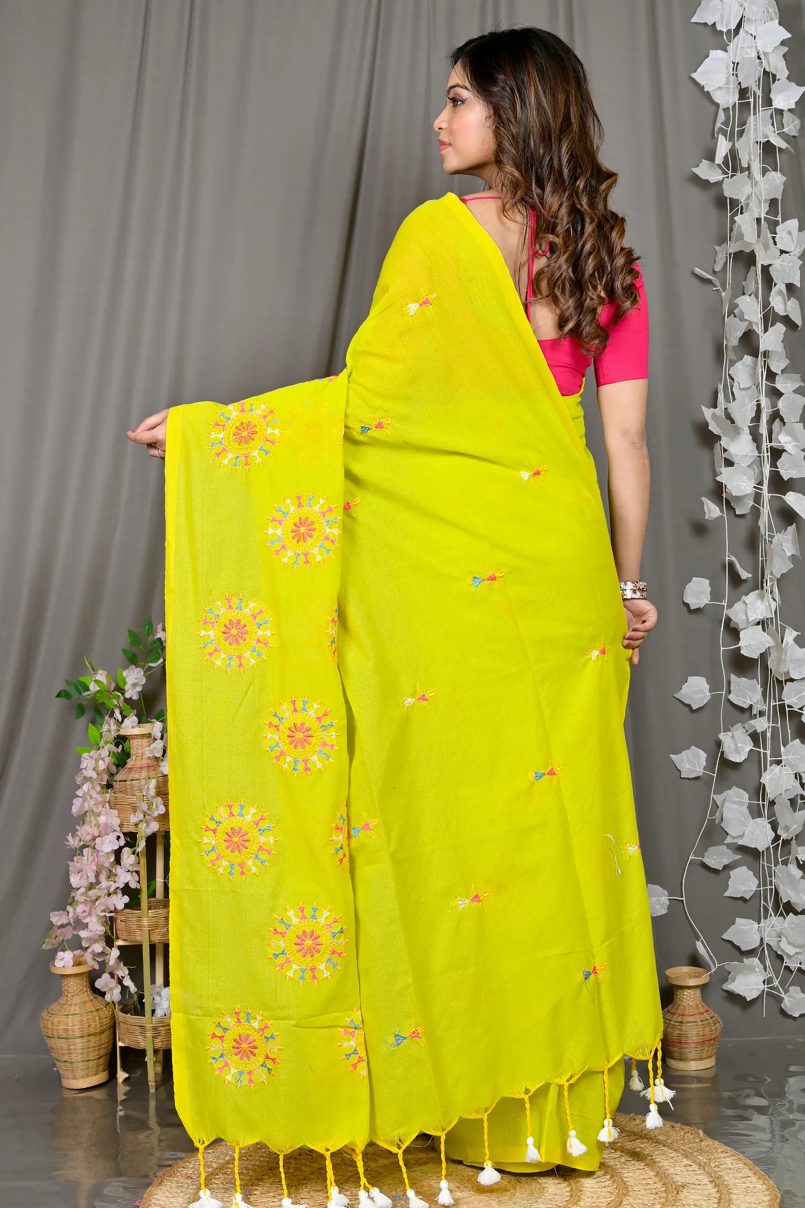 DipDiya Pure Cotton Lime Green Parama Stories of Bengal Embroidery Handloom sarees