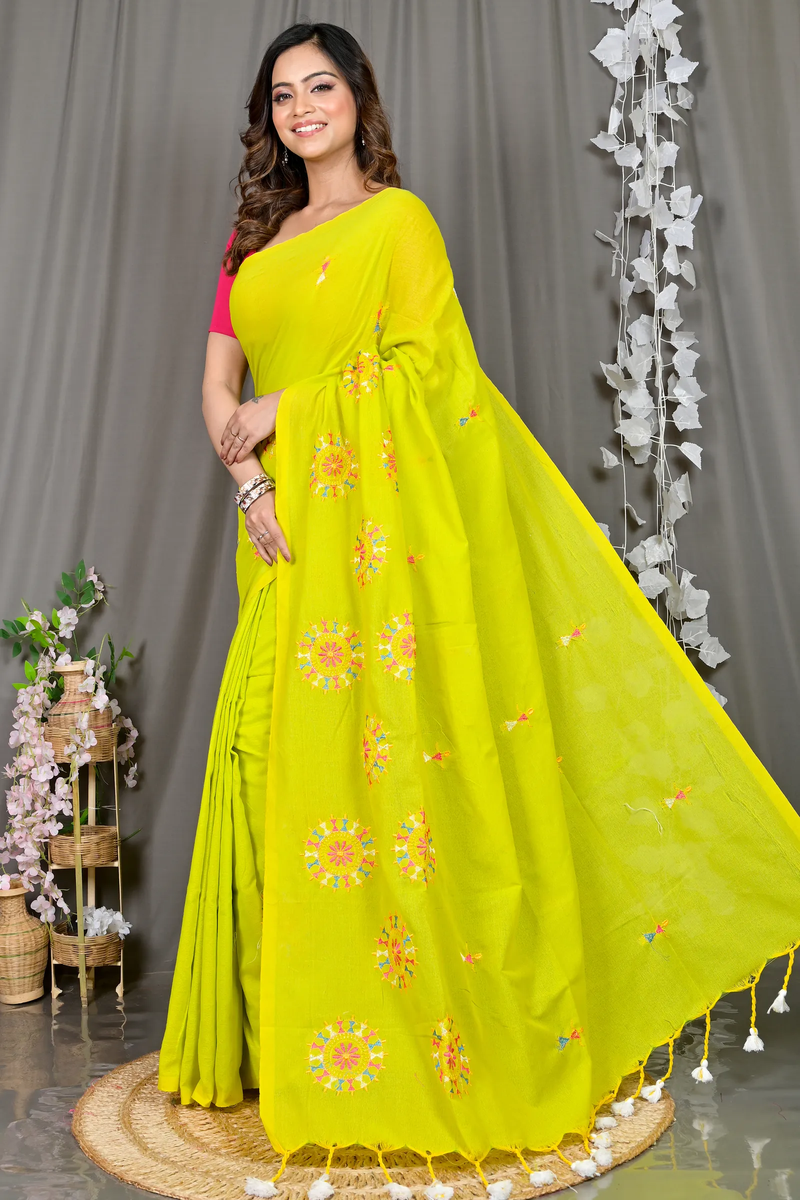 DipDiya Pure Cotton Lime Green Parama Stories of Bengal Embroidery Handloom sarees