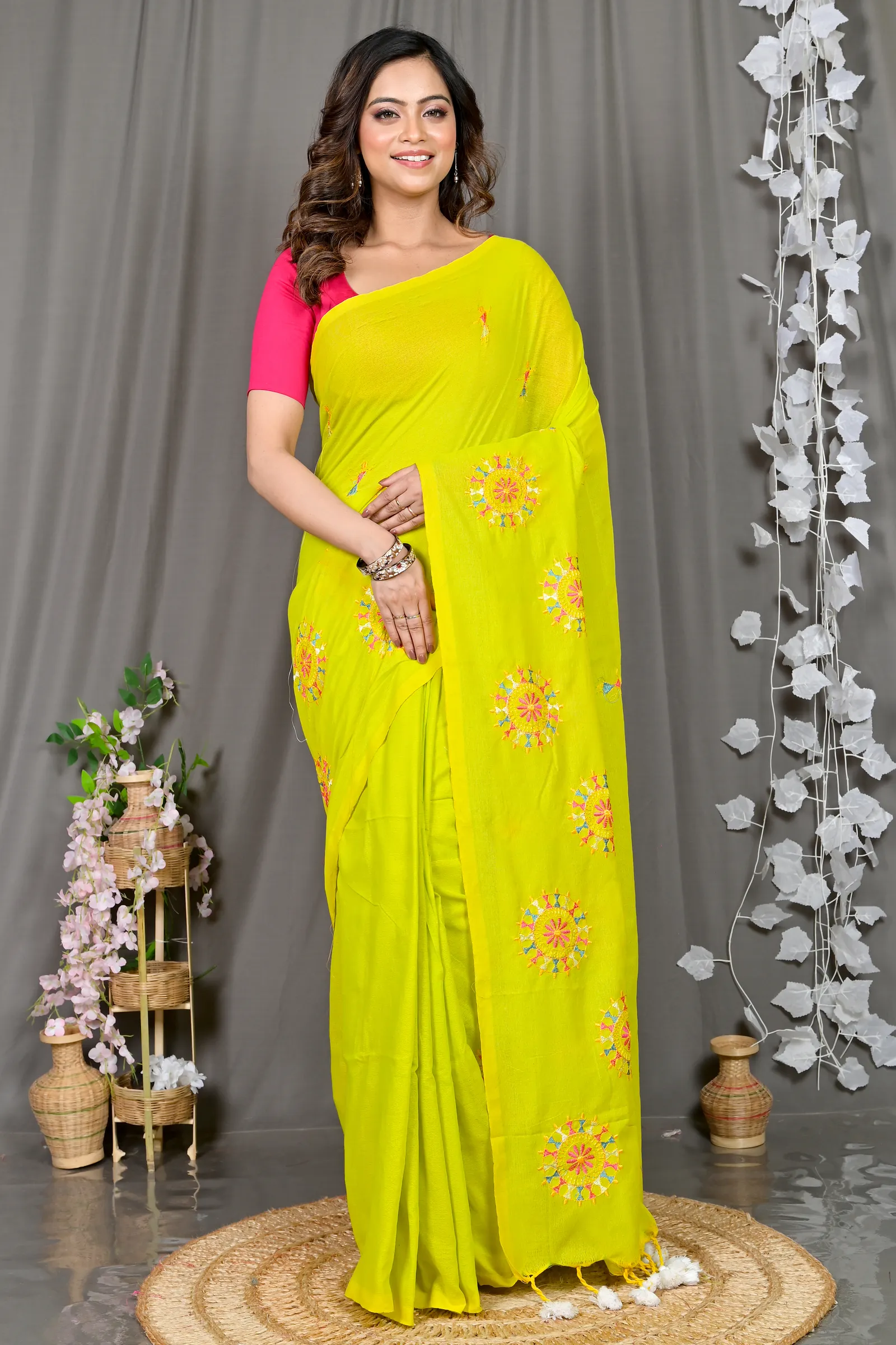 DipDiya Pure Cotton Lime Green Parama Stories of Bengal Embroidery Handloom sarees
