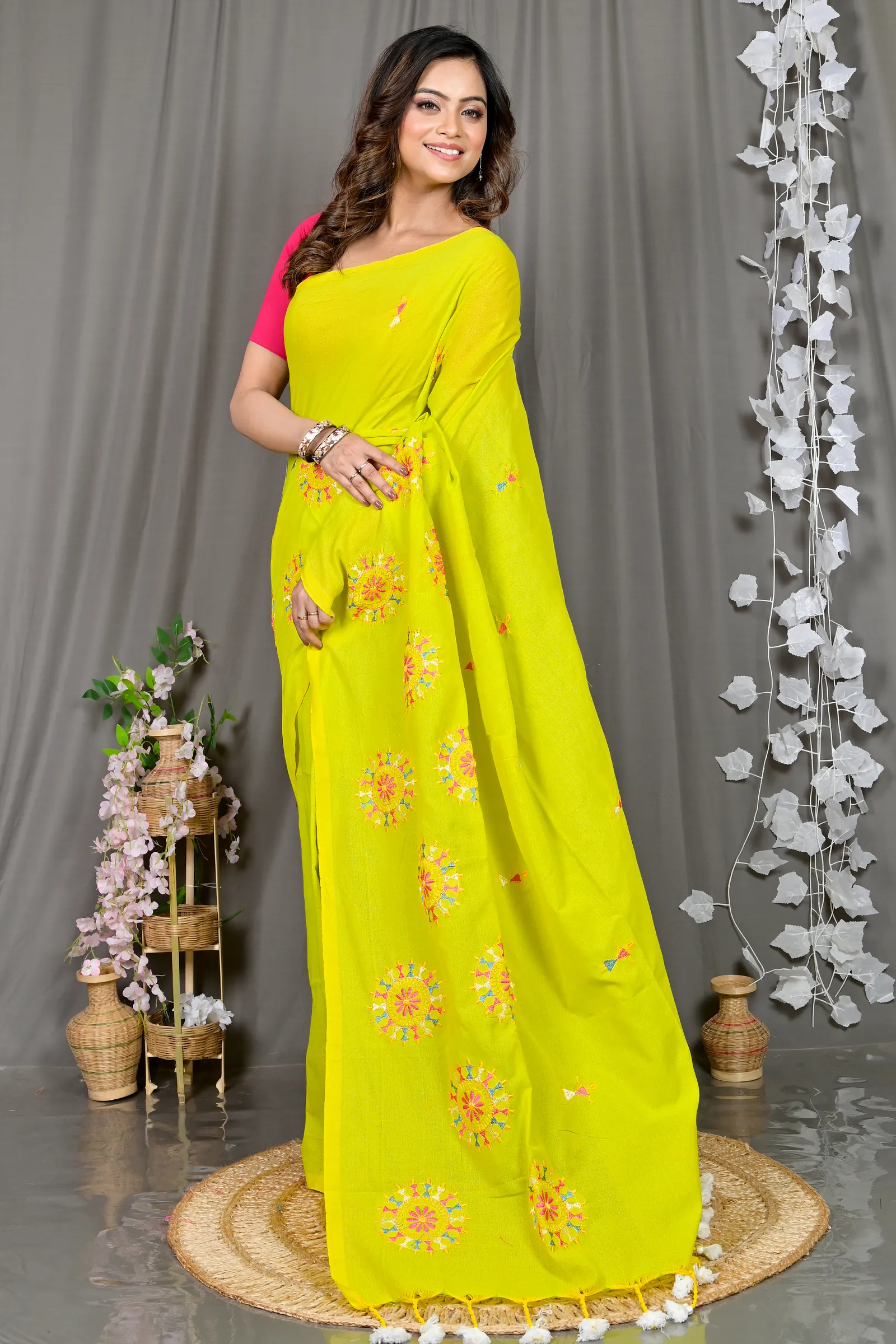 DipDiya Pure Cotton Lime Green Parama Stories of Bengal Embroidery Handloom sarees
