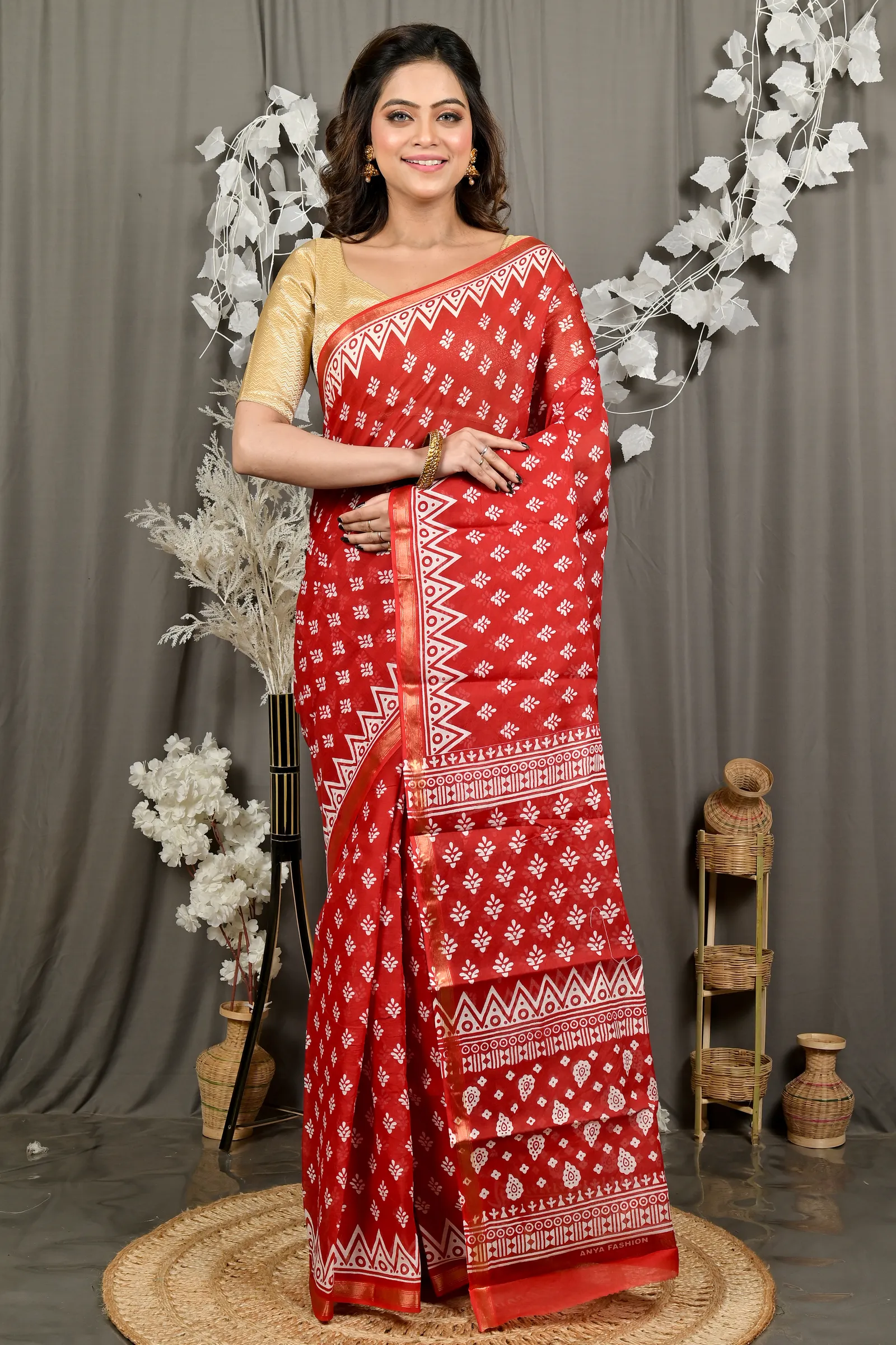 DipDiya Pure Cotton Maroon Febasi Traditional Bengali Batik Print Sarees