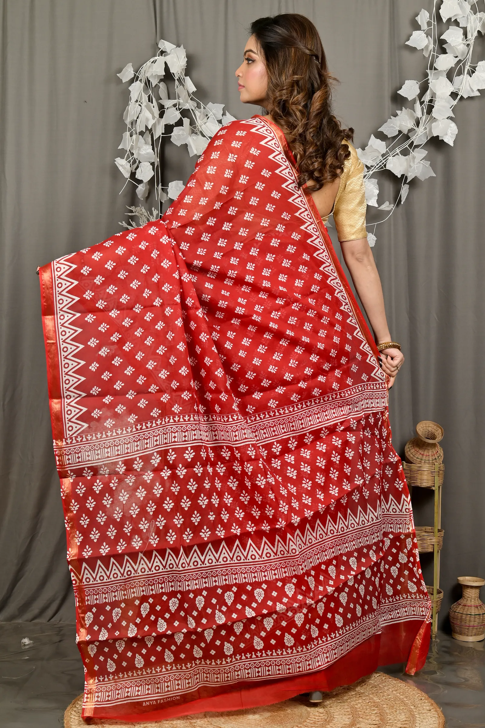 DipDiya Pure Cotton Maroon Febasi Traditional Bengali Batik Print Sarees