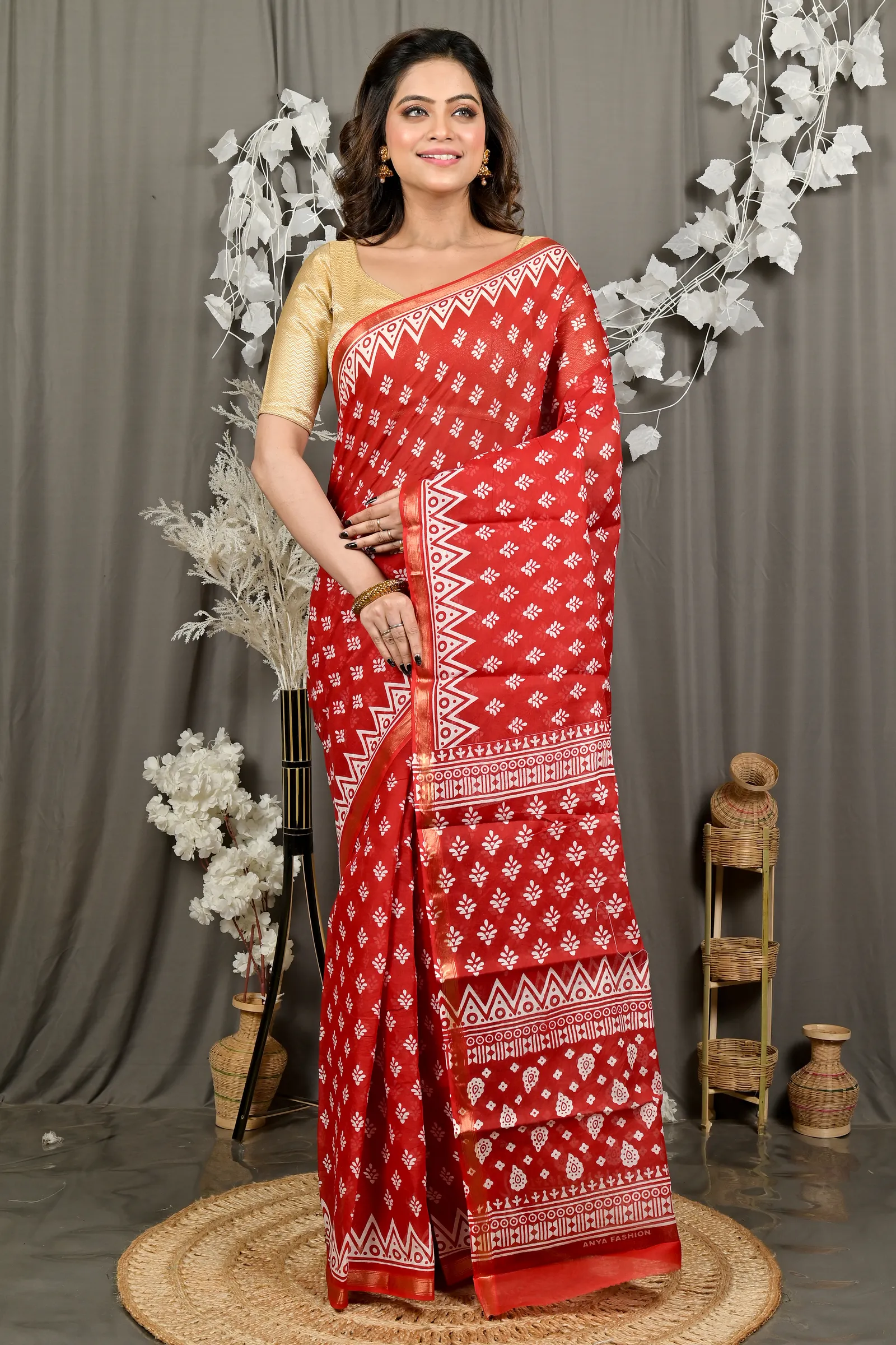 DipDiya Pure Cotton Maroon Febasi Traditional Bengali Batik Print Sarees