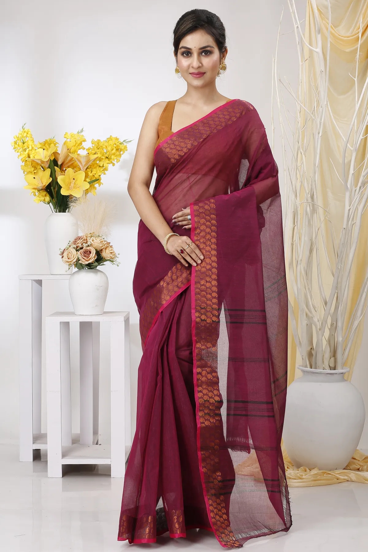 DipDiya Pure Cotton Maroon Lilan Loom to Love Tant Sarees