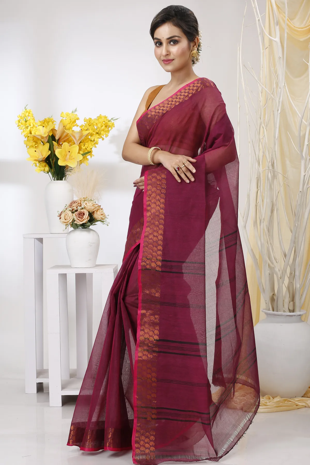 DipDiya Pure Cotton Maroon Lilan Loom to Love Tant Sarees