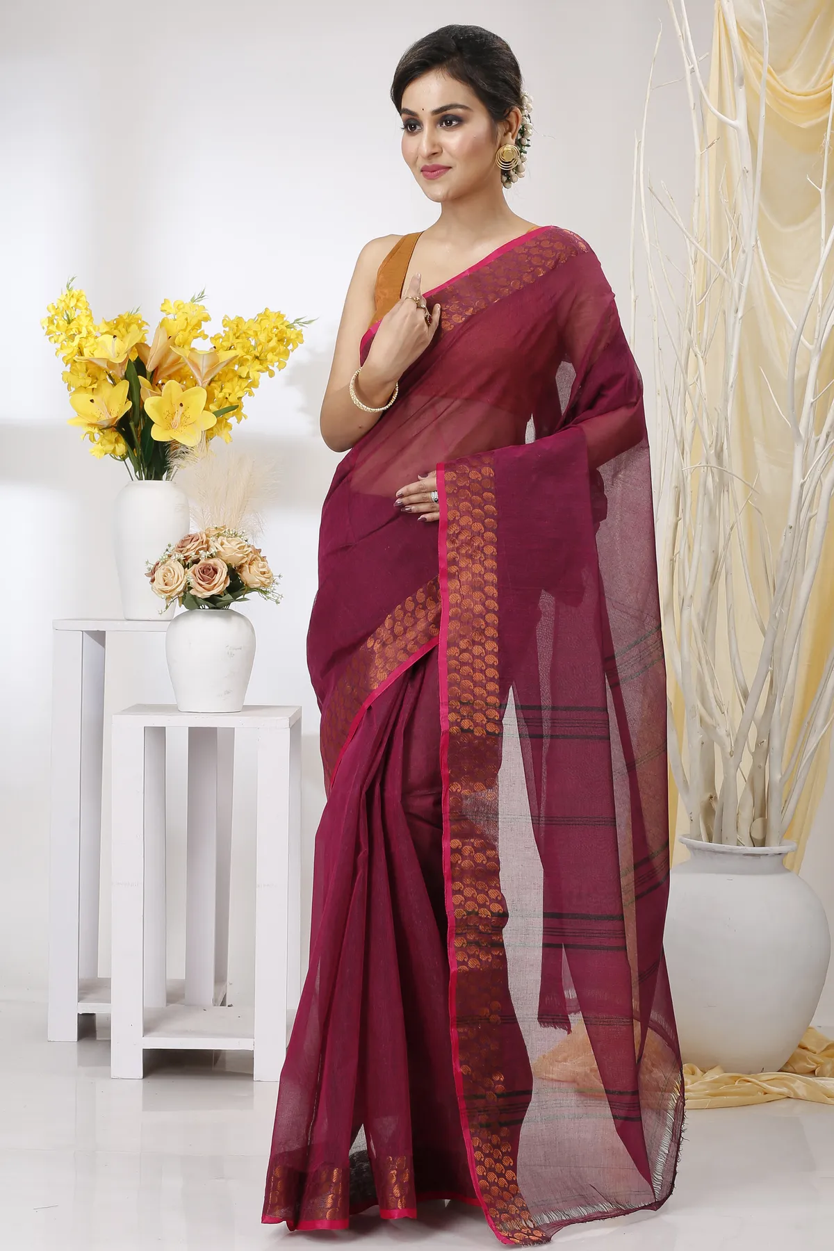 DipDiya Pure Cotton Maroon Lilan Loom to Love Tant Sarees