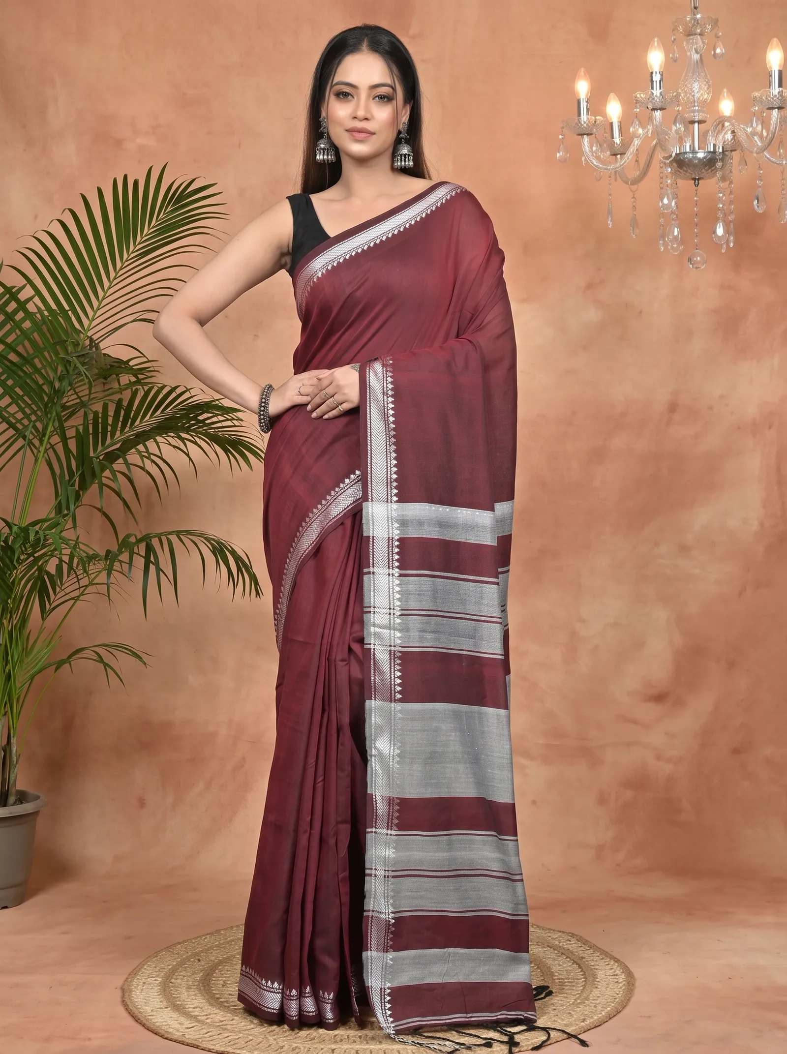 DipDiya Pure Cotton Maroon Nopra Artisan Woven Handloom Sarees