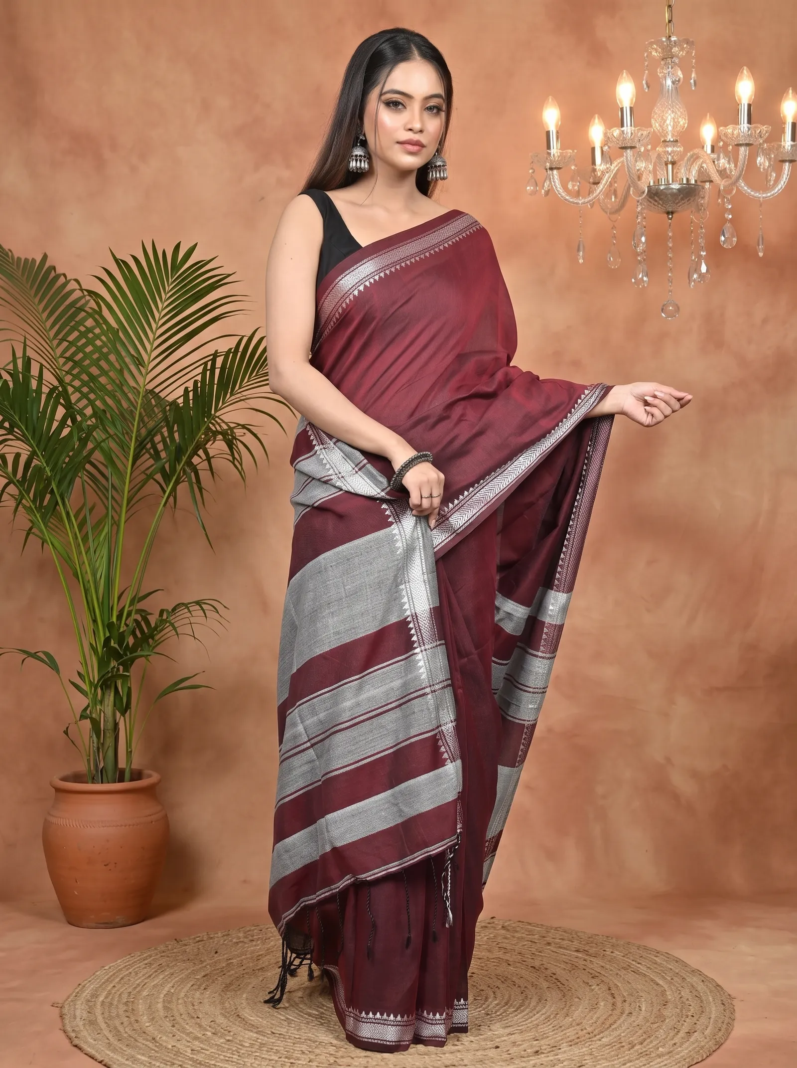 DipDiya Pure Cotton Maroon Nopra Artisan Woven Handloom Sarees