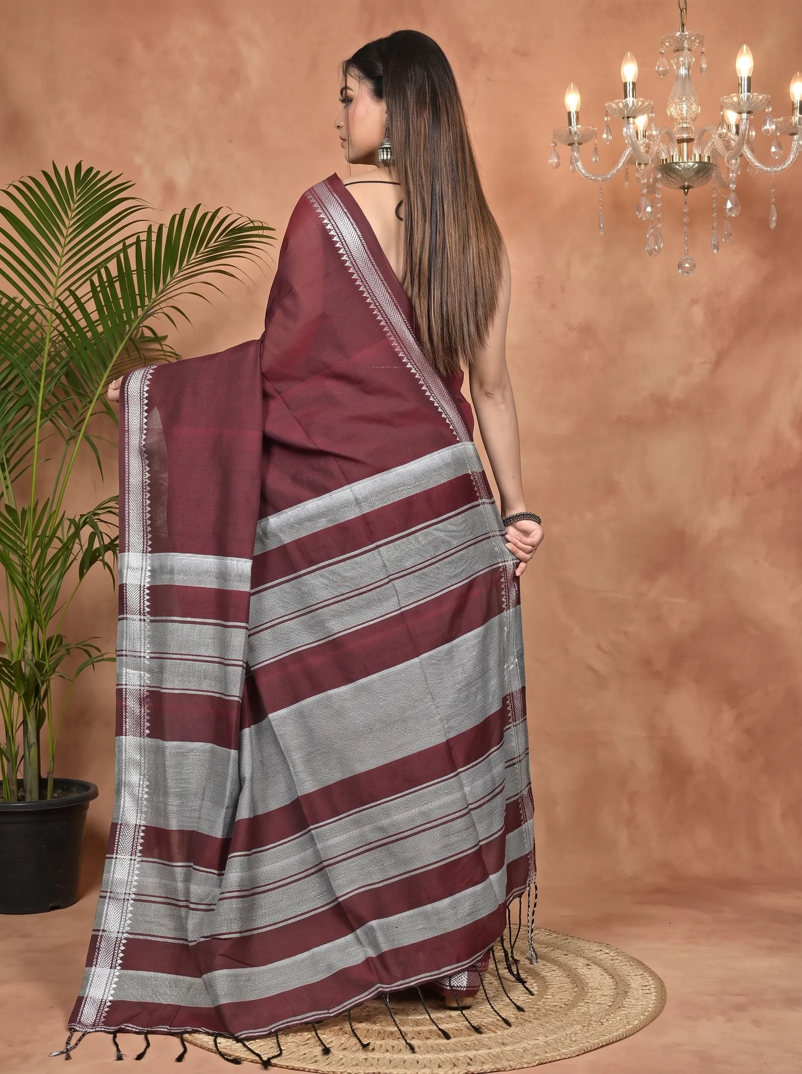 DipDiya Pure Cotton Maroon Nopra Artisan Woven Handloom Sarees