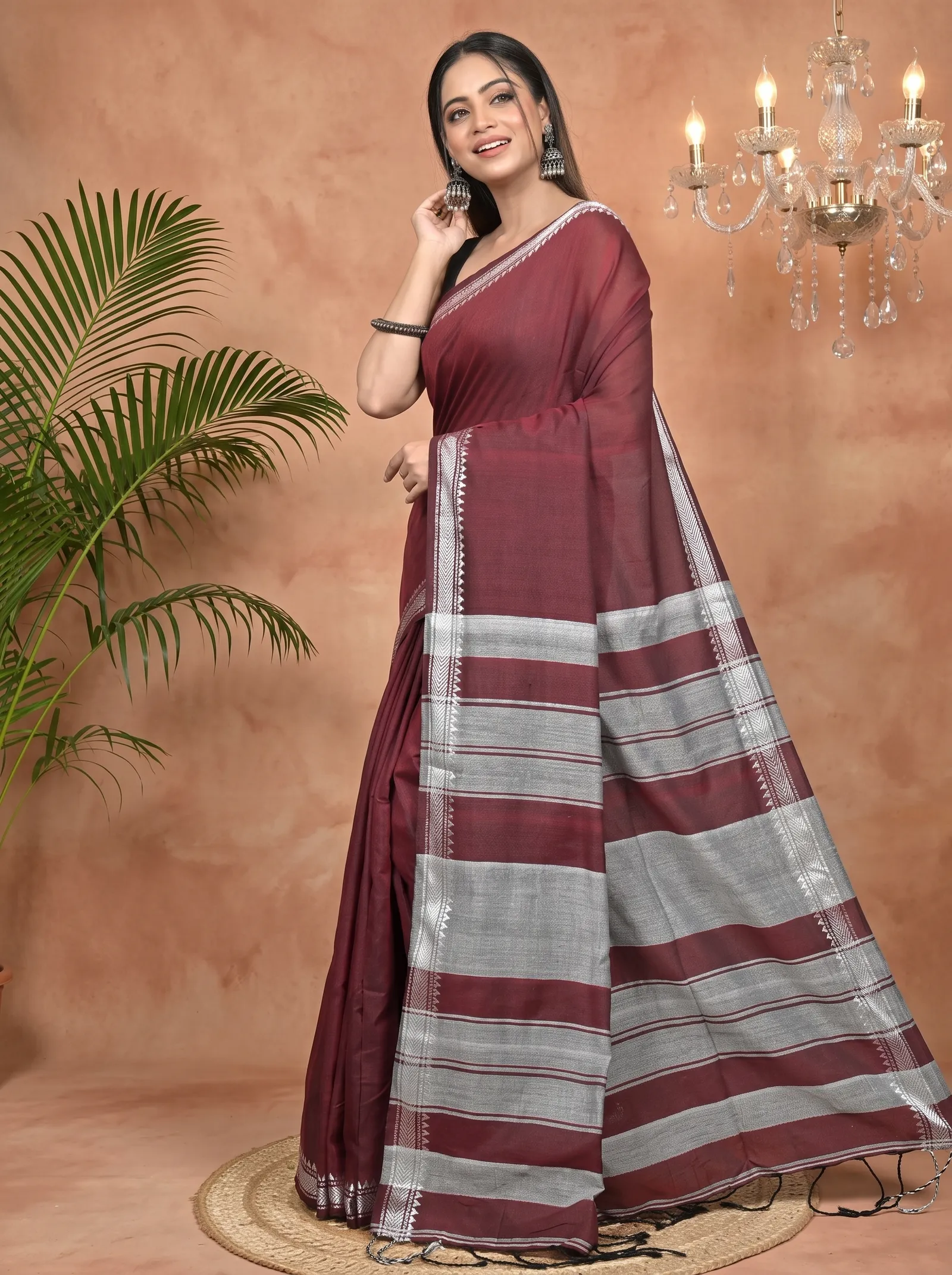 DipDiya Pure Cotton Maroon Nopra Artisan Woven Handloom Sarees