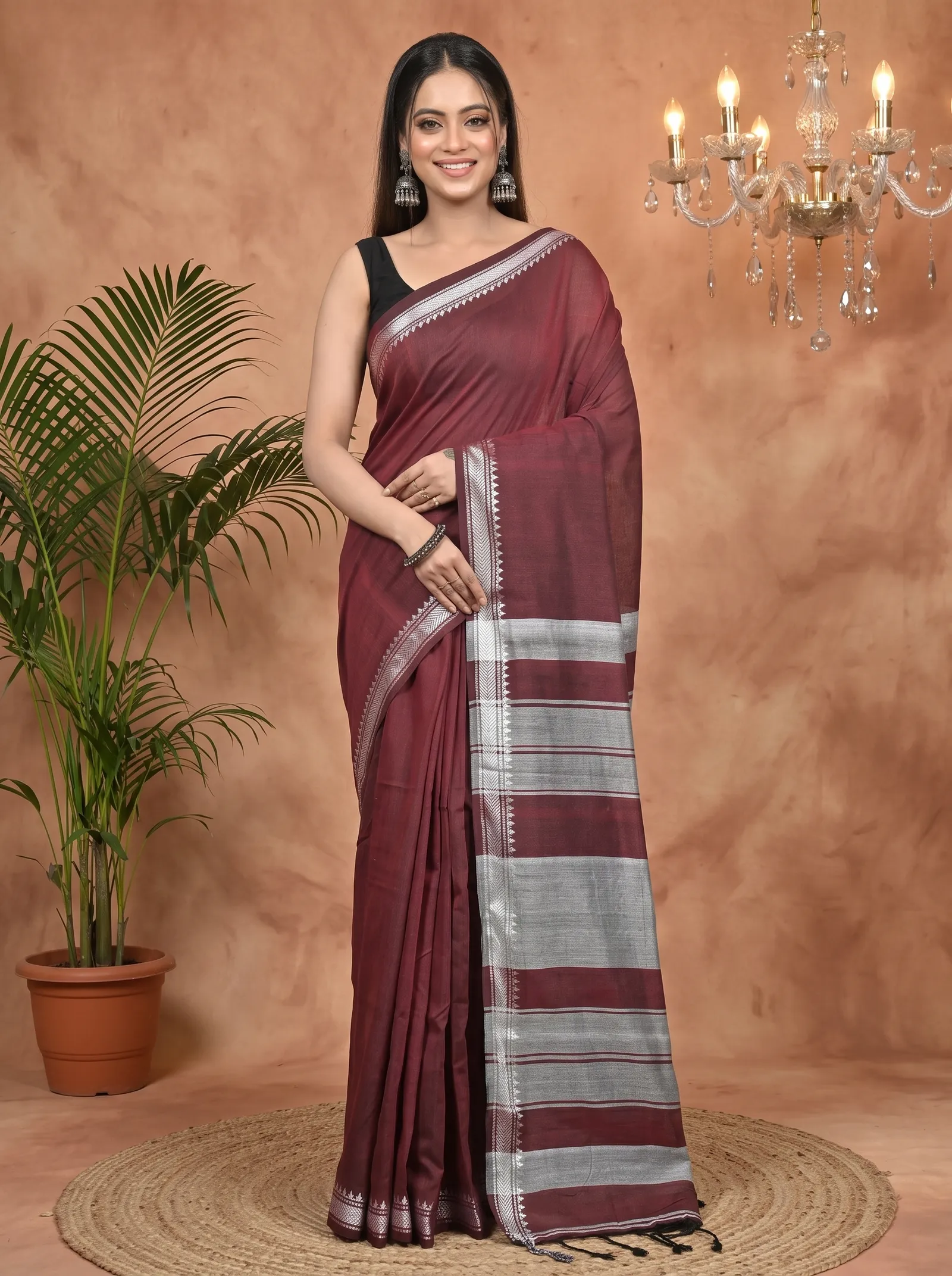 DipDiya Pure Cotton Maroon Nopra Artisan Woven Handloom Sarees