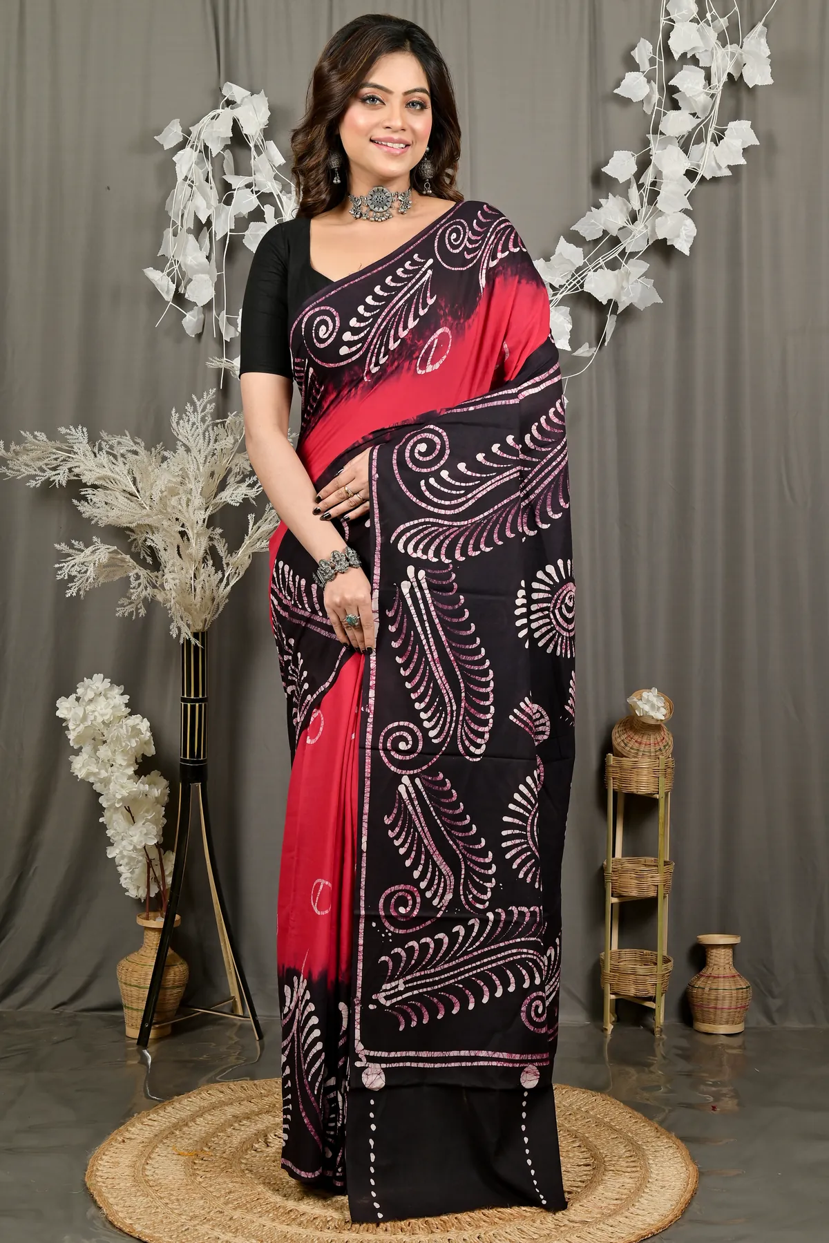DipDiya Pure Cotton Maroon Pihu Handloom Heritage Batik Print Sarees