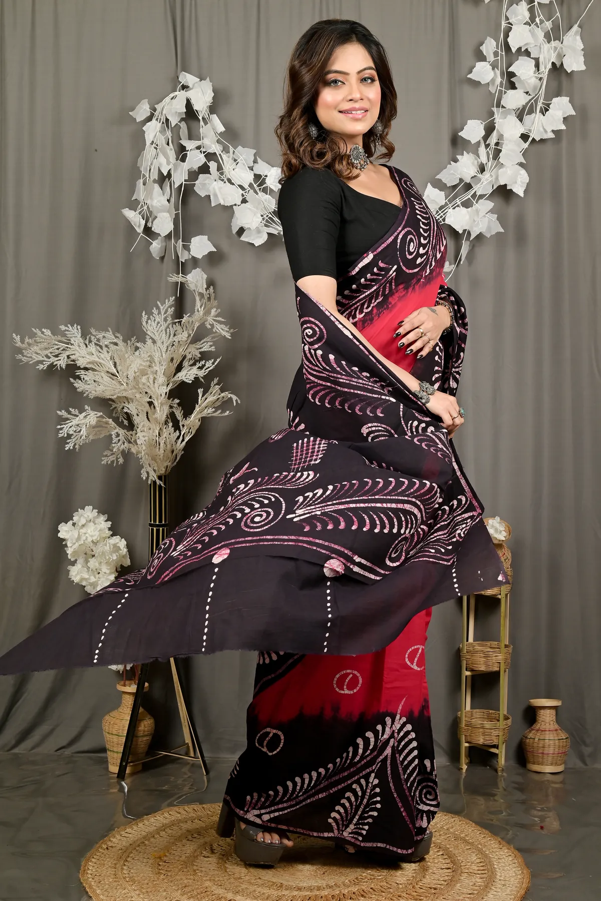 DipDiya Pure Cotton Maroon Pihu Handloom Heritage Batik Print Sarees
