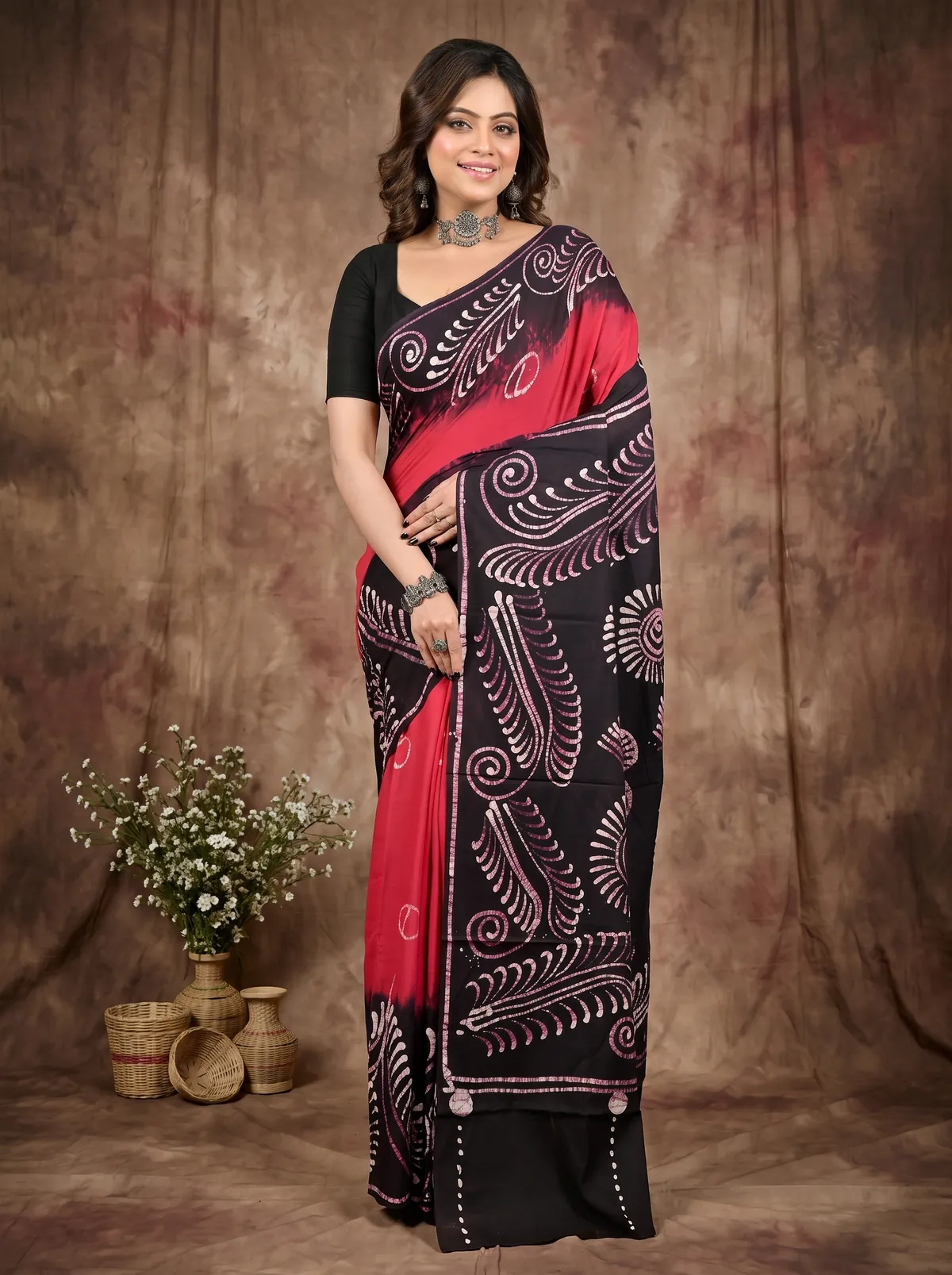 DipDiya Pure Cotton Maroon Pihu Handloom Heritage Batik Print Sarees