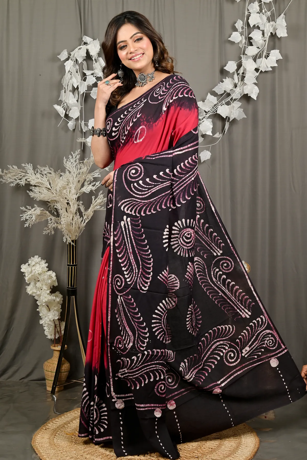 DipDiya Pure Cotton Maroon Pihu Handloom Heritage Batik Print Sarees