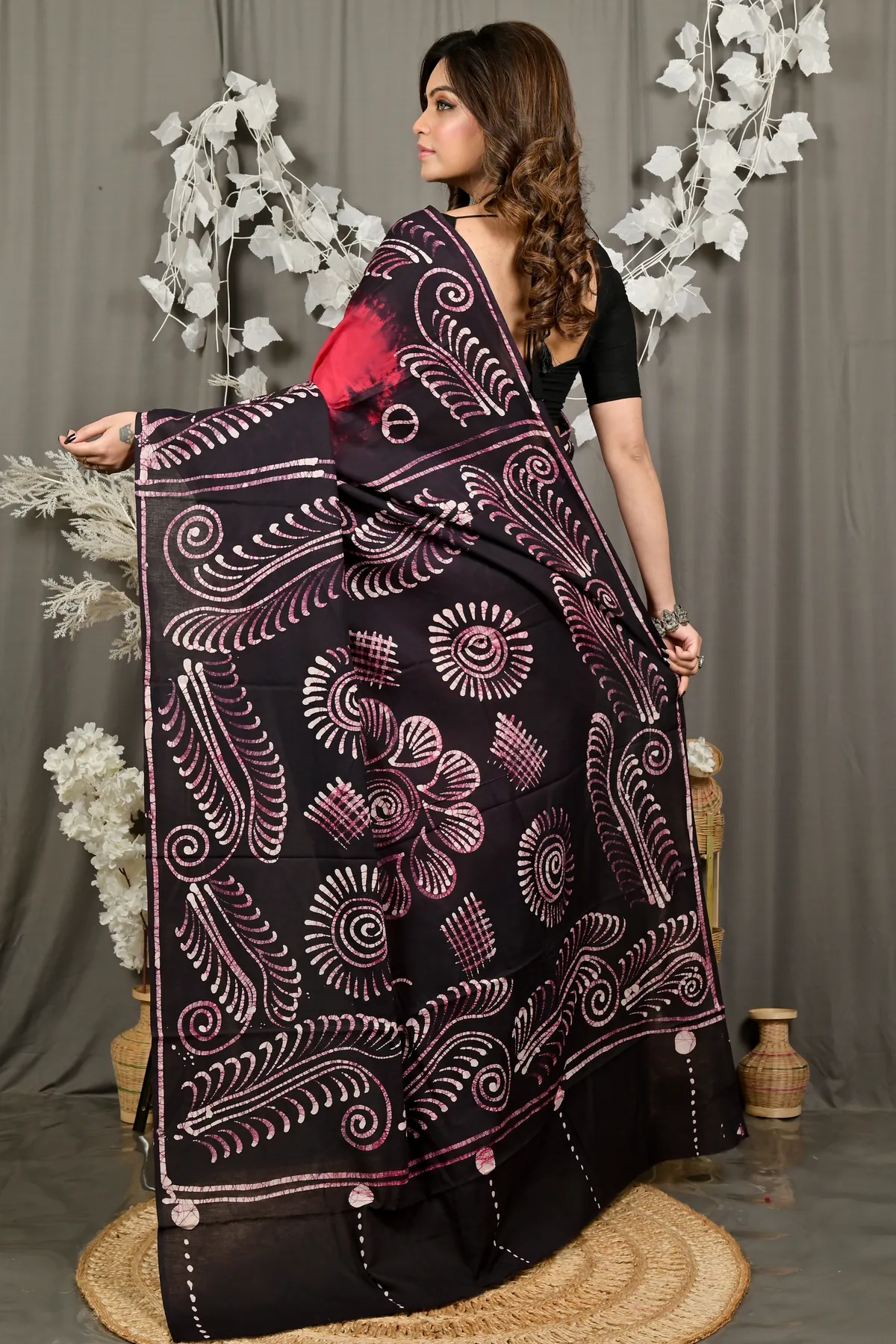 DipDiya Pure Cotton Maroon Pihu Handloom Heritage Batik Print Sarees