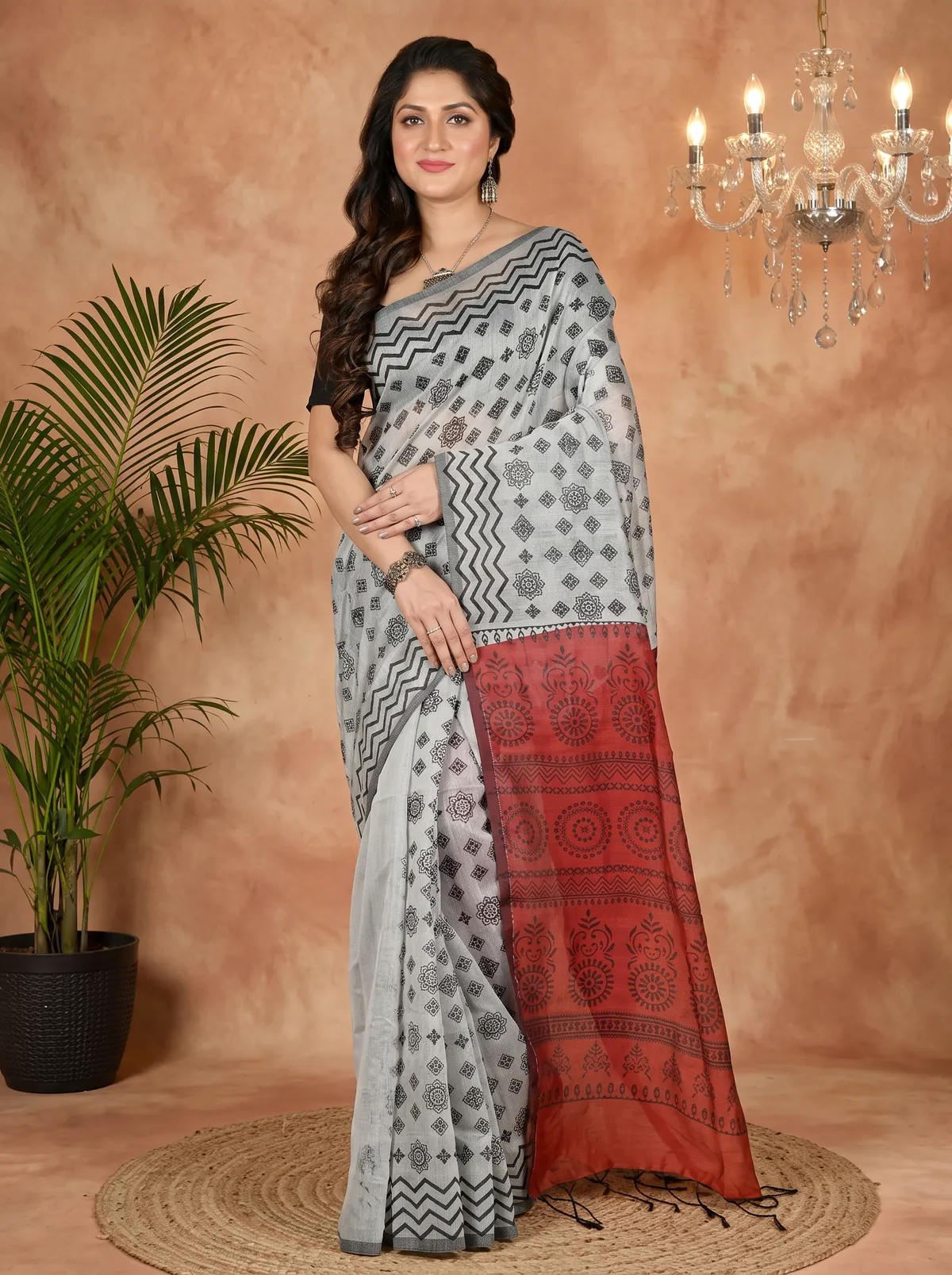 DipDiya Pure Cotton Marun Grey Senak Pure Bengali Grace Printed Handloom Sarees