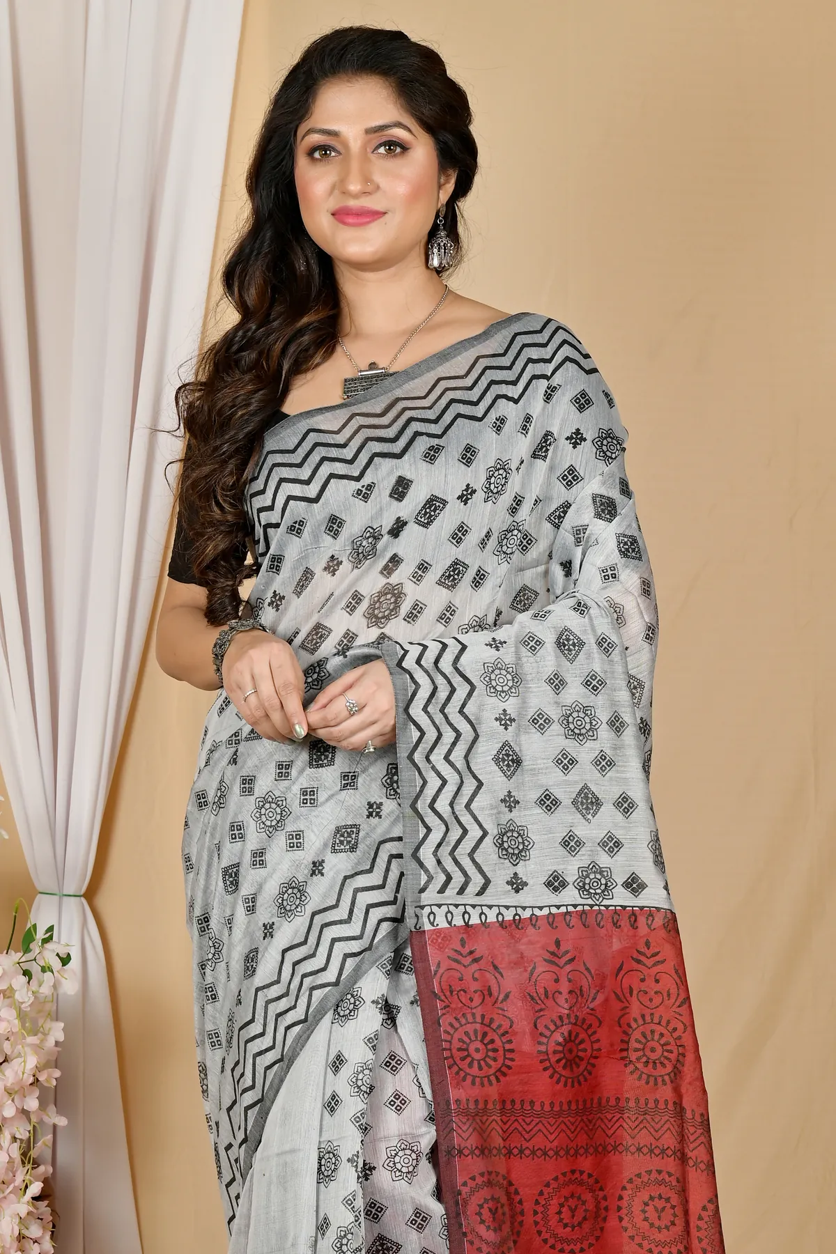 DipDiya Pure Cotton Marun Grey Senak Pure Bengali Grace Printed Handloom Sarees