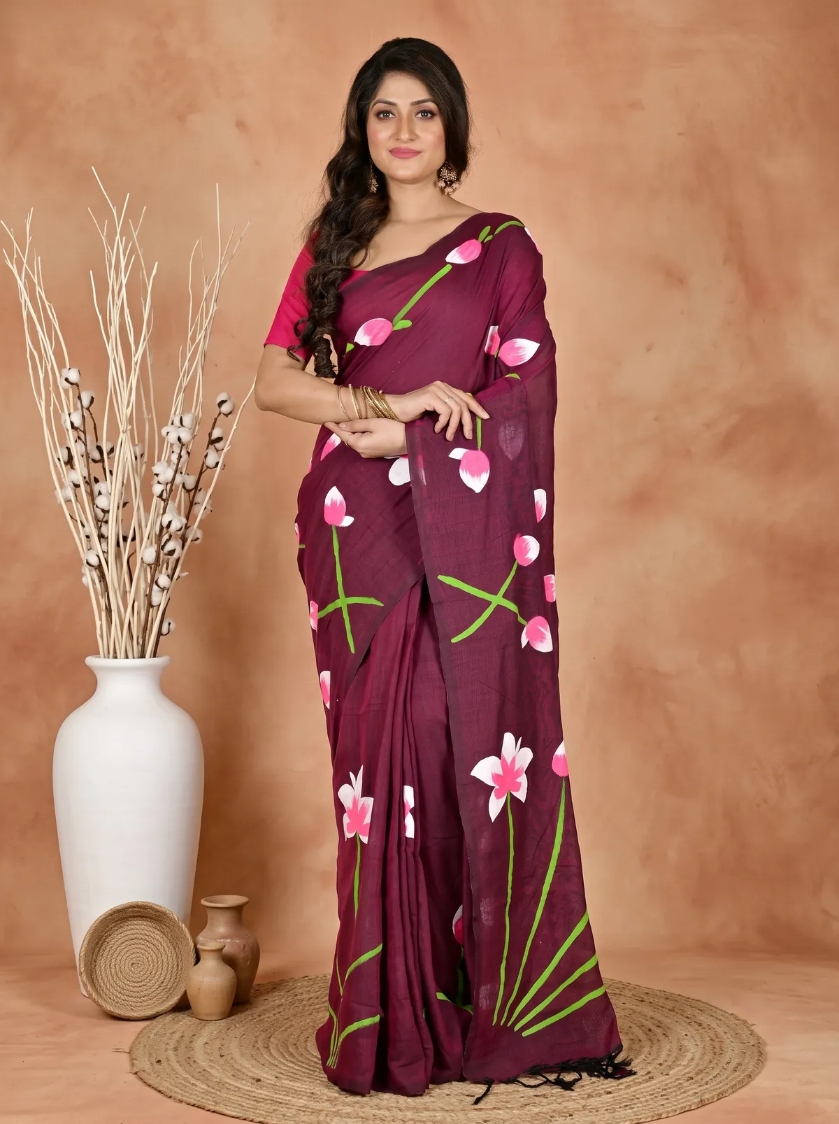 DipDiya Pure Cotton Marun Kamal Handcrafted Elegance Hand Painted Sarees