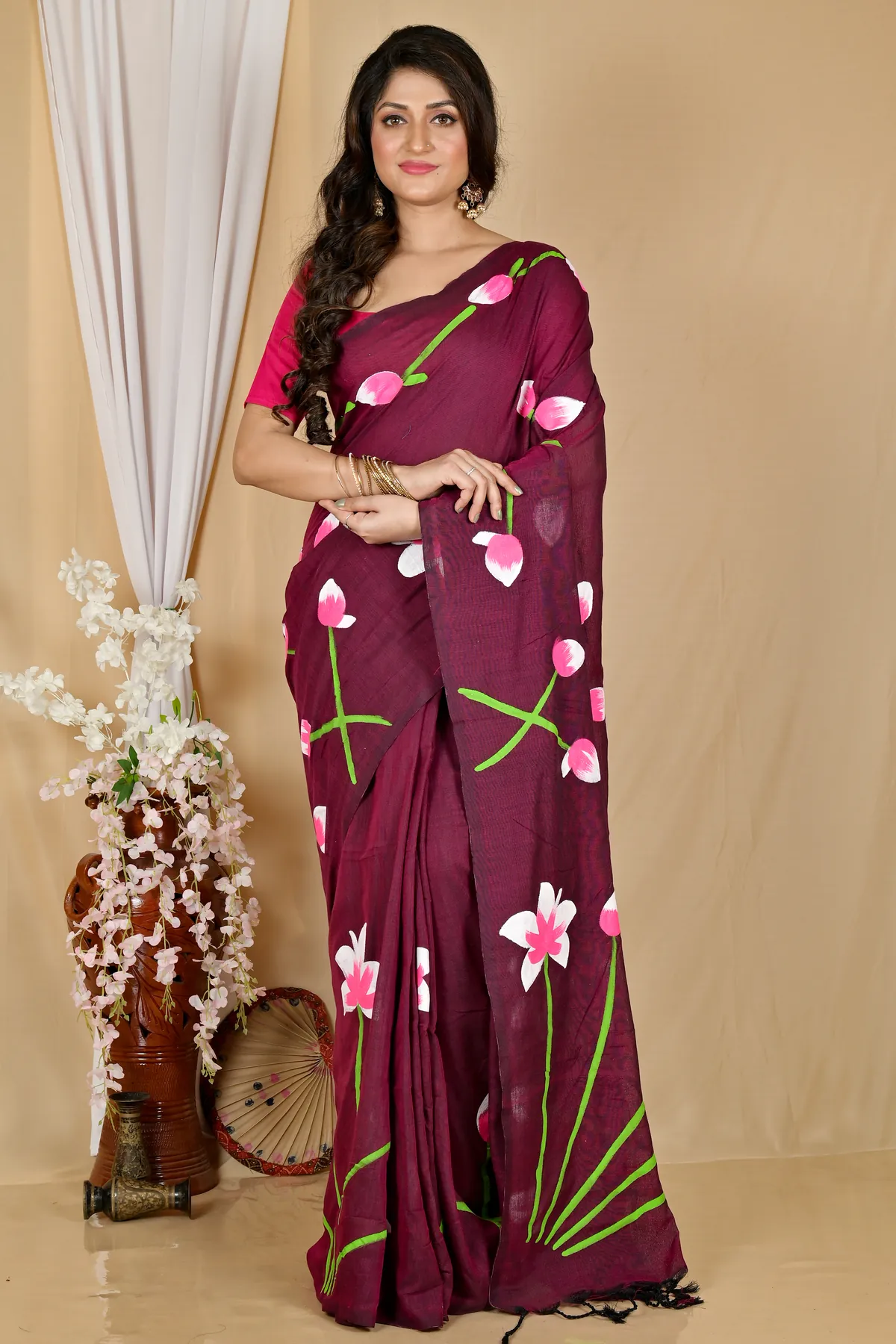 DipDiya Pure Cotton Marun Kamal Handcrafted Elegance Hand Painted Sarees