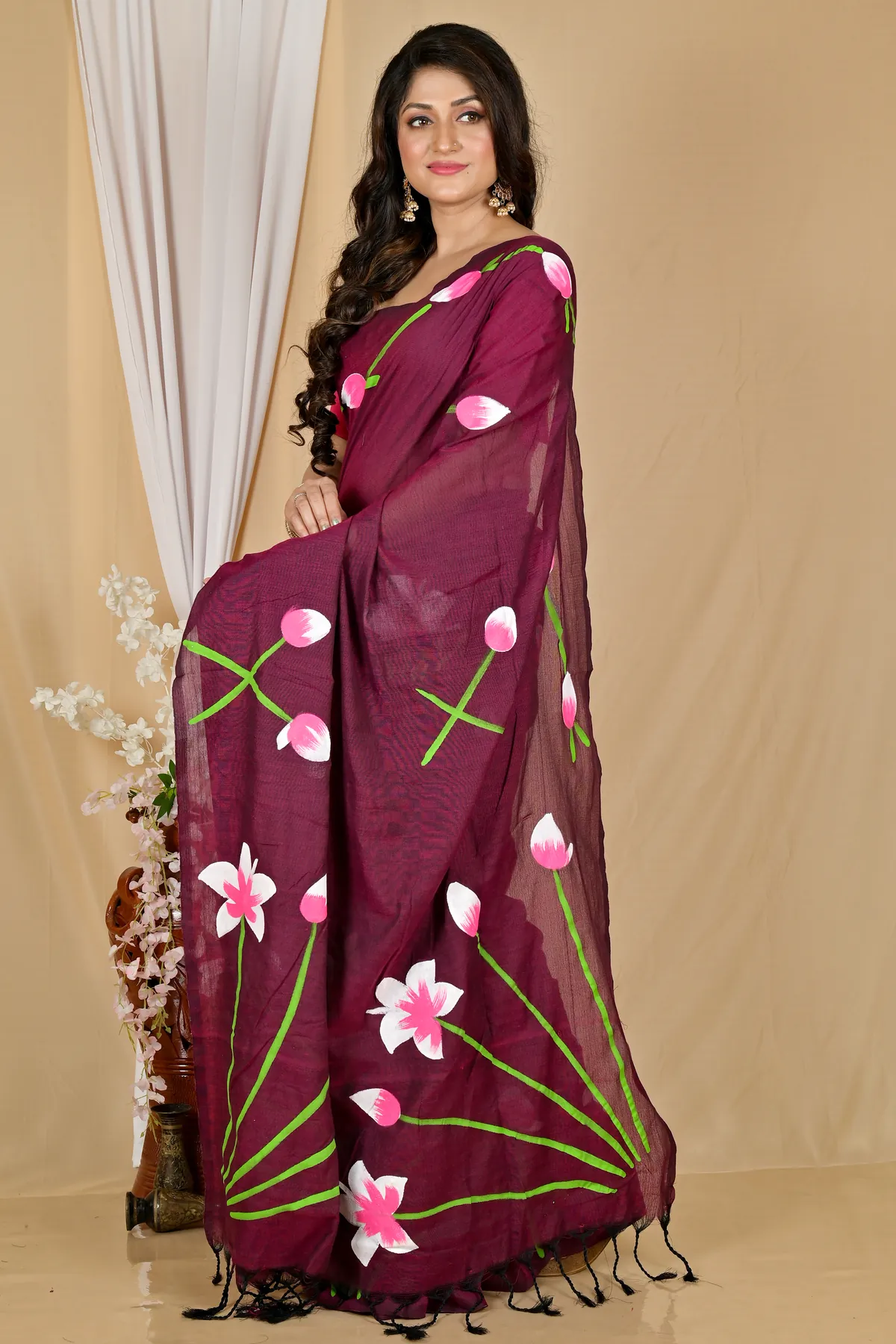 DipDiya Pure Cotton Marun Kamal Handcrafted Elegance Hand Painted Sarees