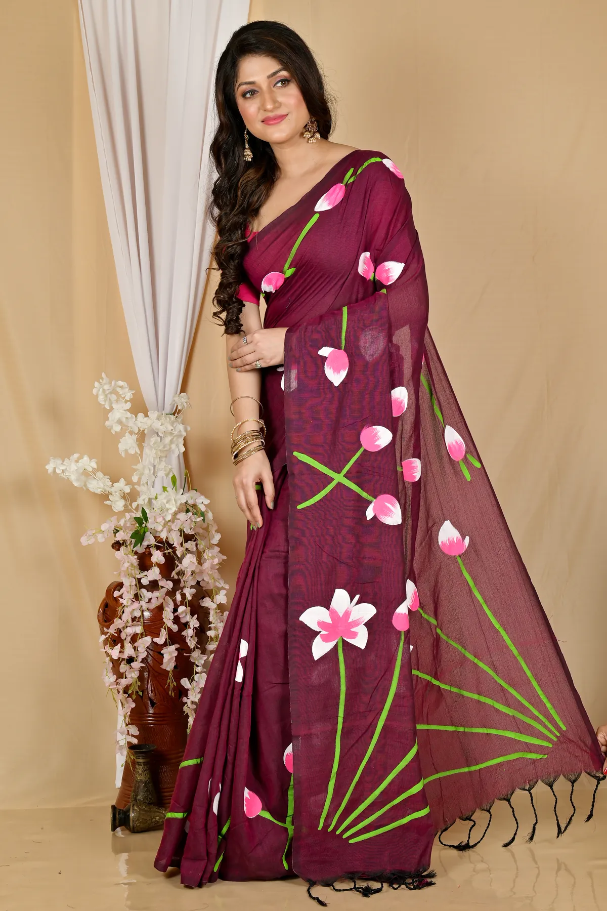 DipDiya Pure Cotton Marun Kamal Handcrafted Elegance Hand Painted Sarees