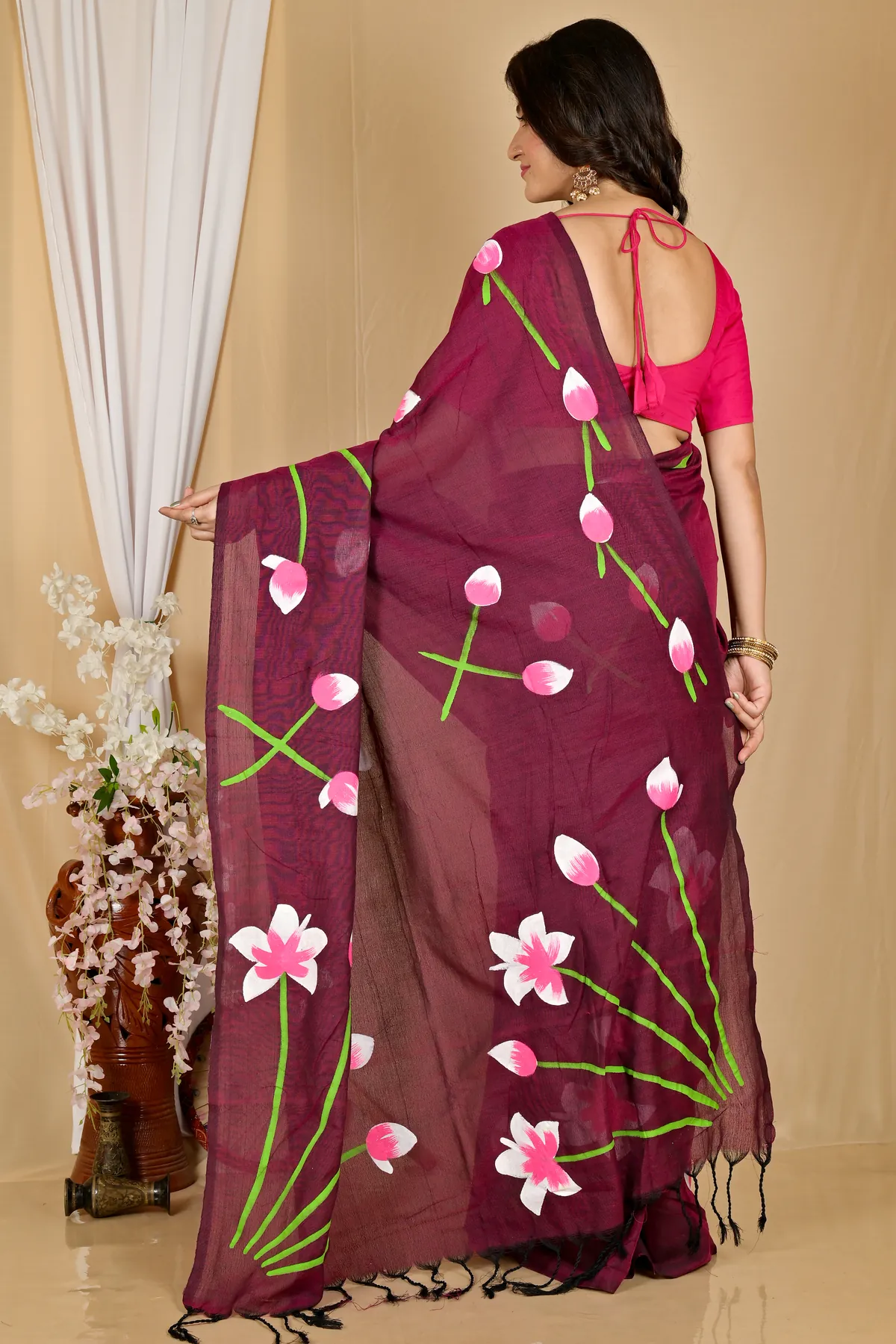 DipDiya Pure Cotton Marun Kamal Handcrafted Elegance Hand Painted Sarees
