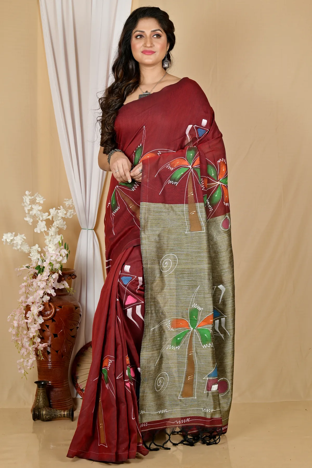 DipDiya Pure Cotton Marun Keshaka Tradition in Every Thread Hand Painted Sarees