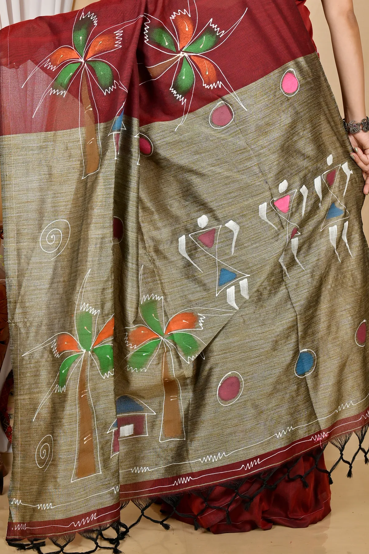 DipDiya Pure Cotton Marun Keshaka Tradition in Every Thread Hand Painted Sarees