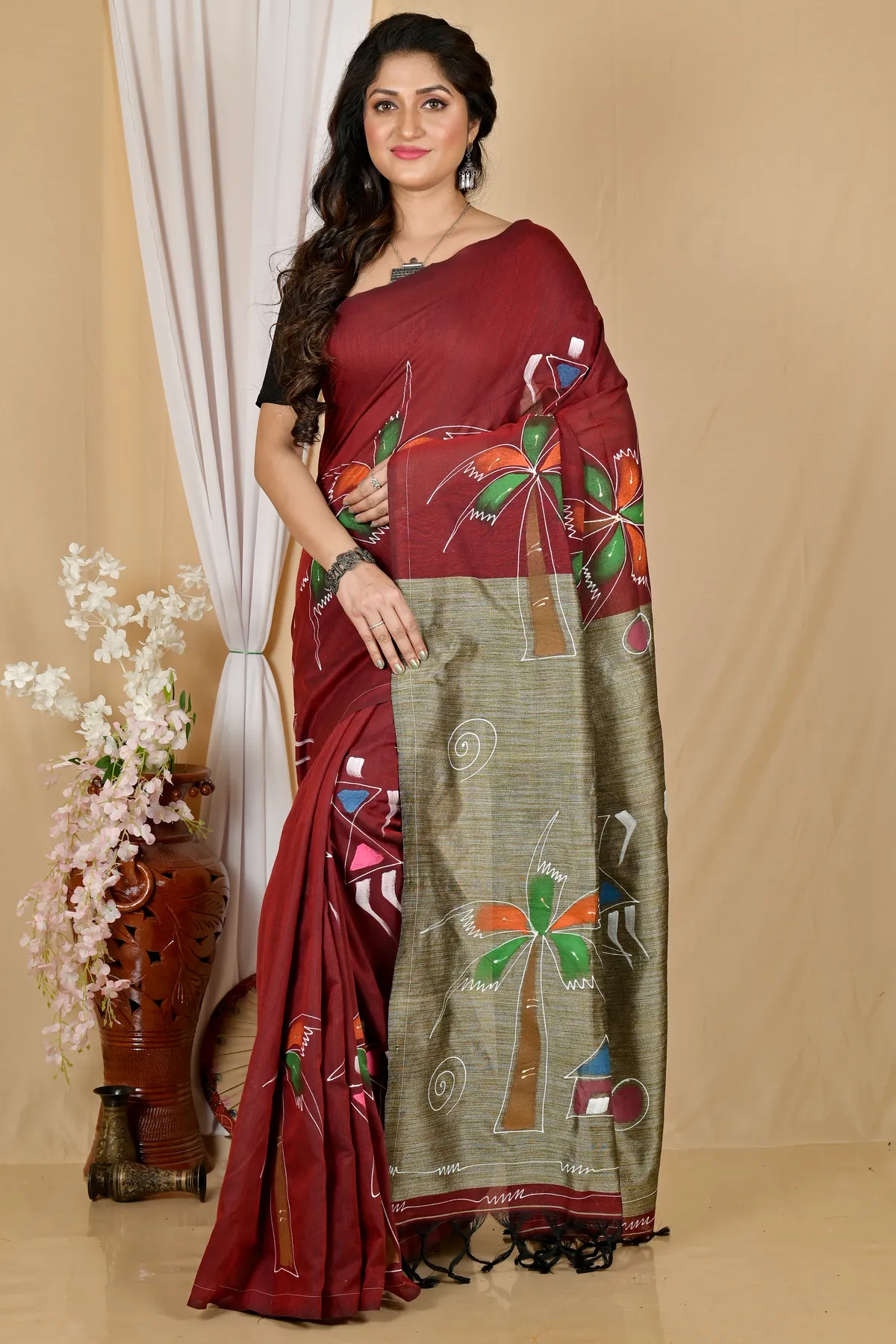DipDiya Pure Cotton Marun Keshaka Tradition in Every Thread Hand Painted Sarees
