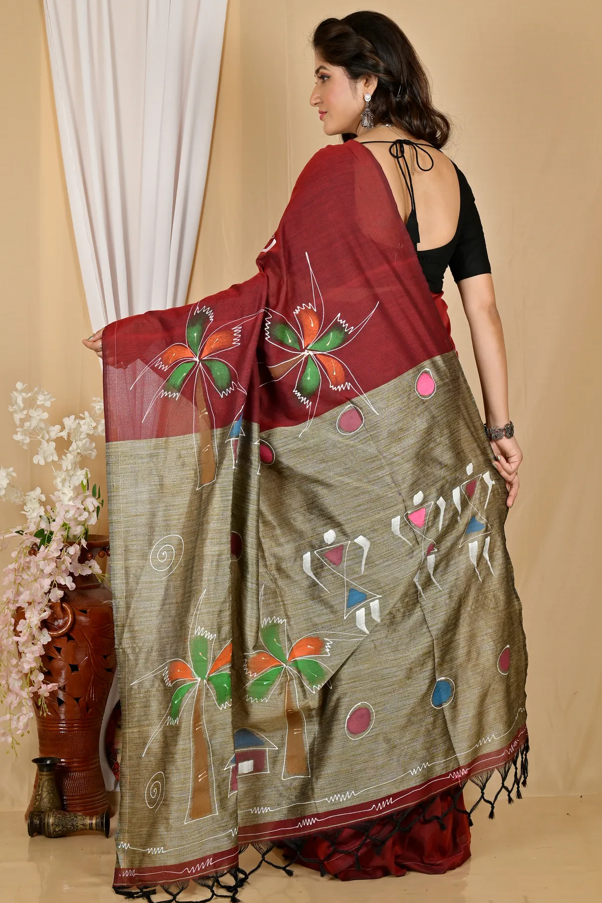 DipDiya Pure Cotton Marun Keshaka Tradition in Every Thread Hand Painted Sarees