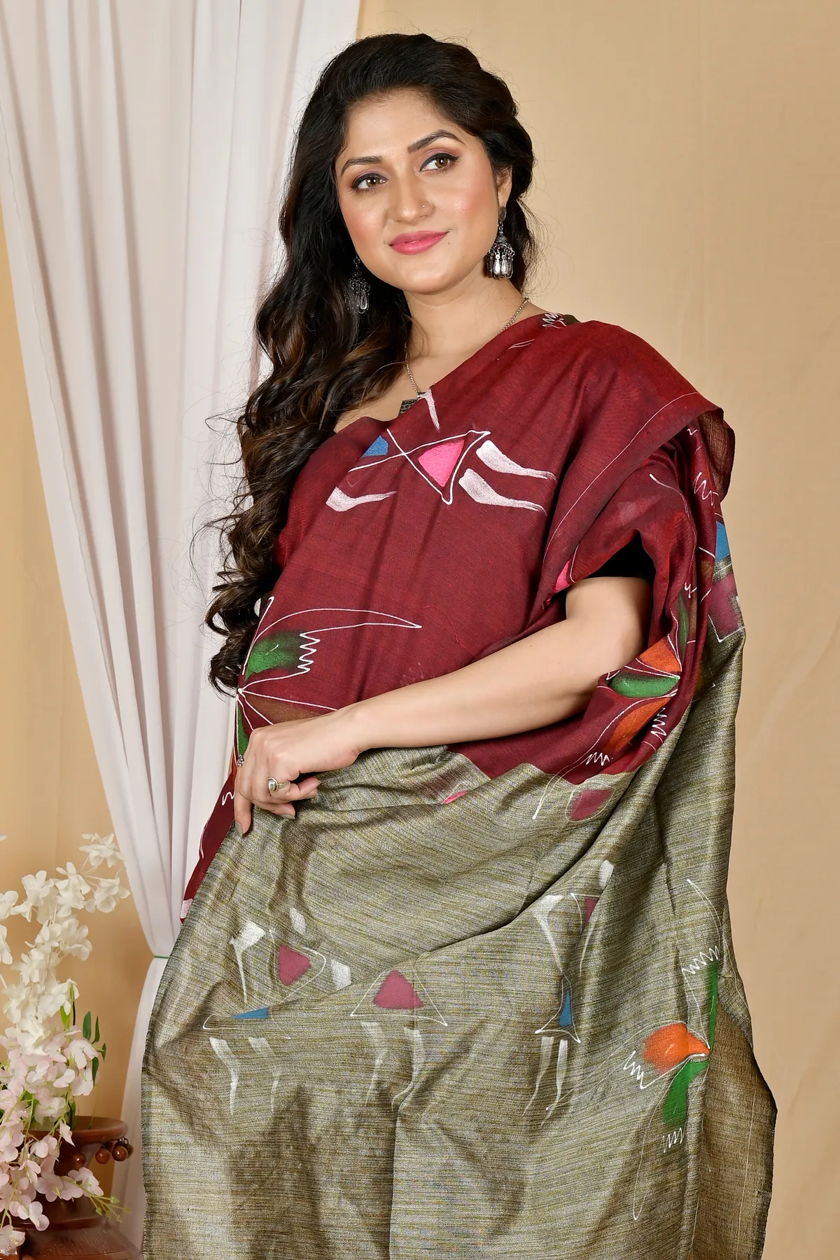 DipDiya Pure Cotton Marun Keshaka Tradition in Every Thread Hand Painted Sarees
