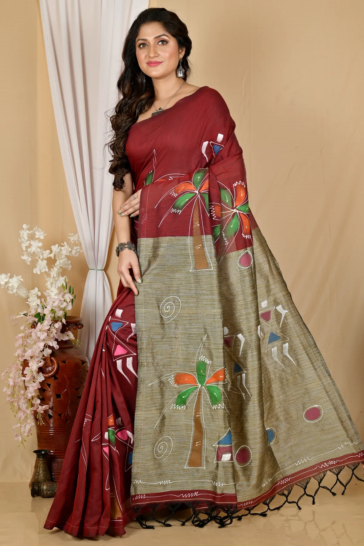 DipDiya Pure Cotton Marun Keshaka Tradition in Every Thread Hand Painted Sarees