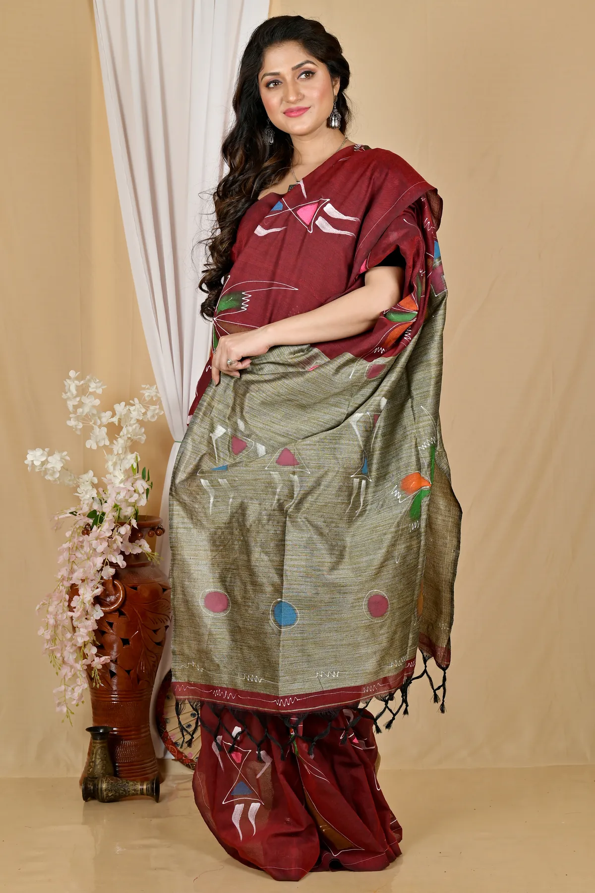 DipDiya Pure Cotton Marun Keshaka Tradition in Every Thread Hand Painted Sarees