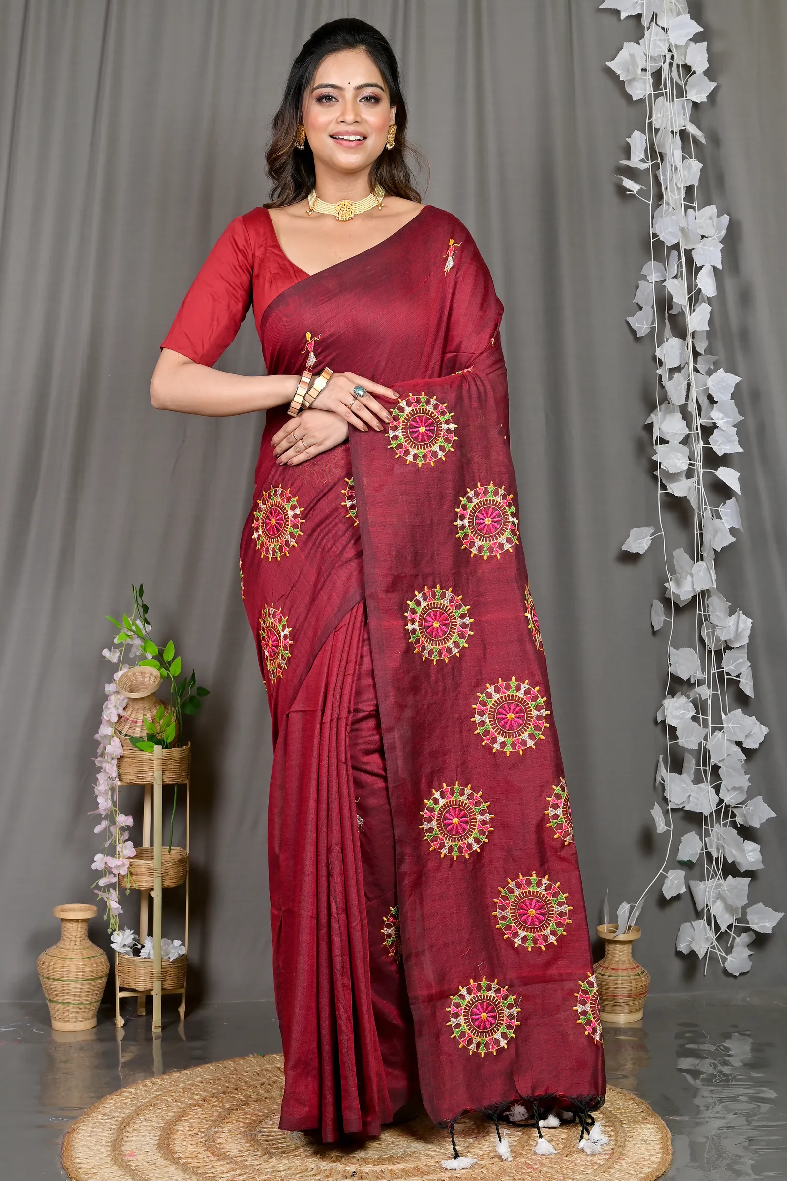 DipDiya Pure Cotton Marun Parama Timeless Elegance Embroidery Handloom sarees