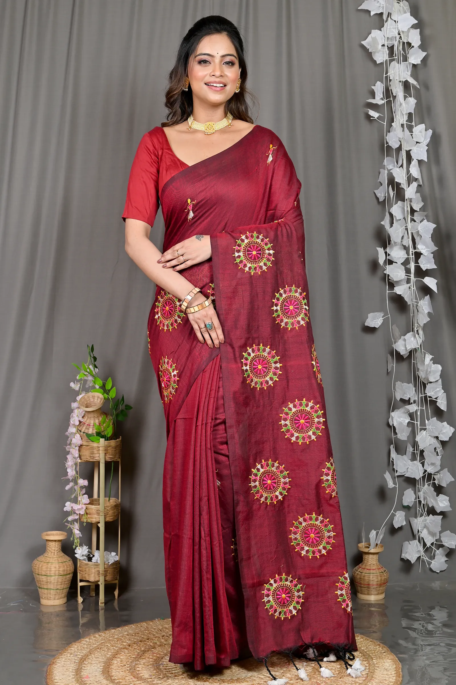 DipDiya Pure Cotton Marun Parama Timeless Elegance Embroidery Handloom sarees
