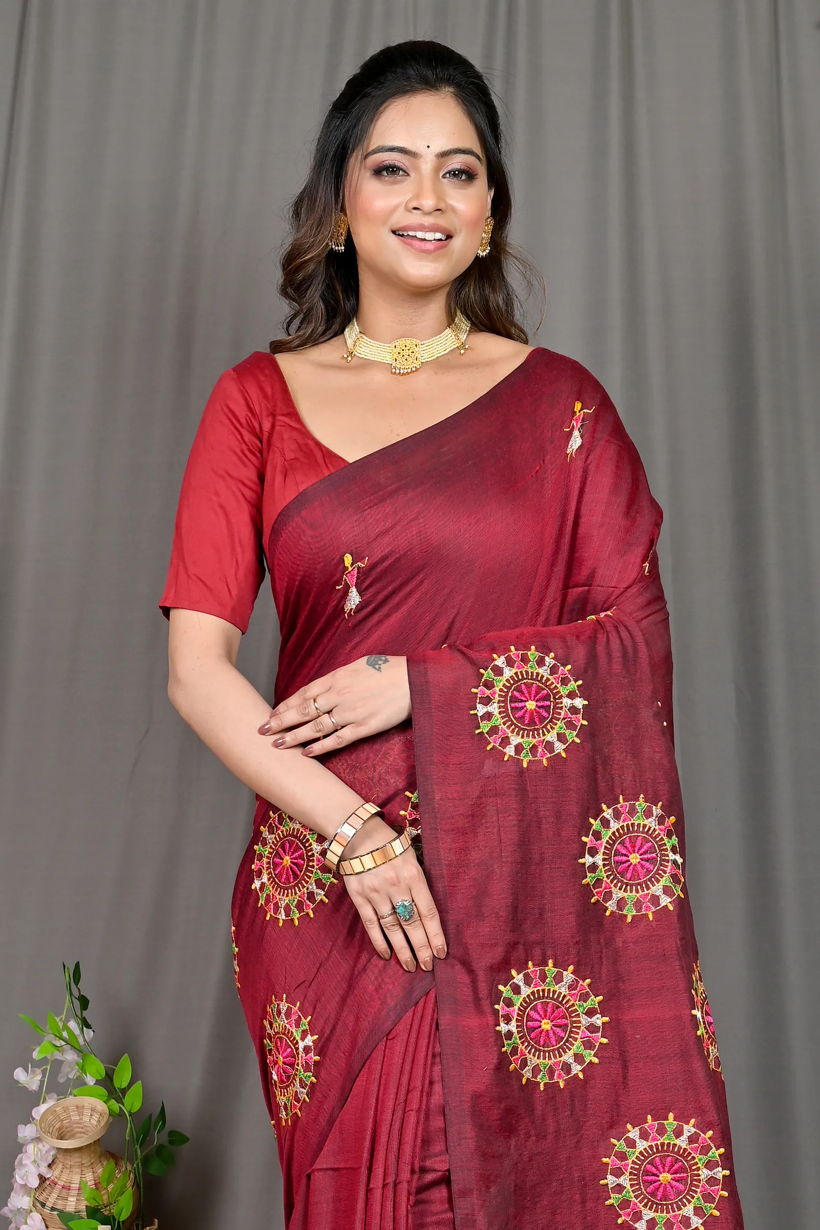 DipDiya Pure Cotton Marun Parama Timeless Elegance Embroidery Handloom sarees
