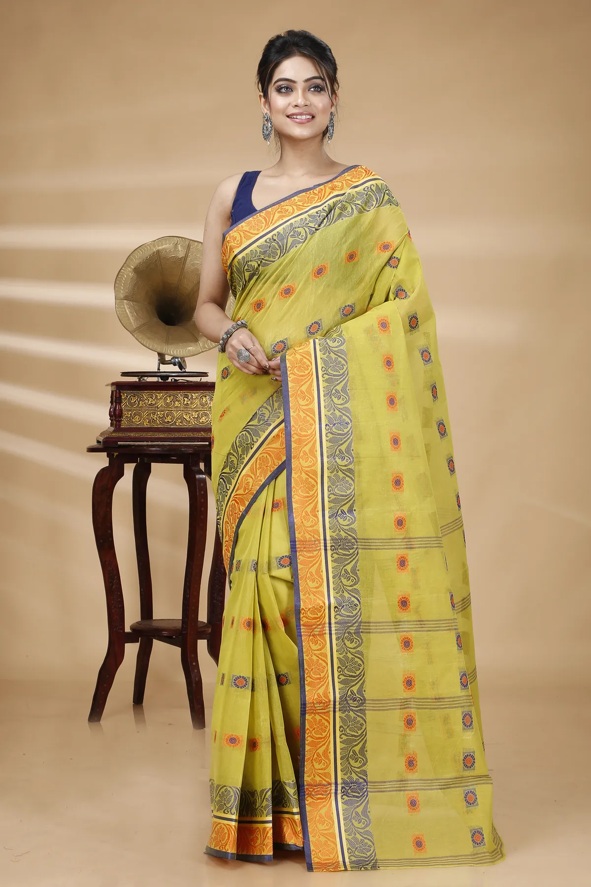 DipDiya Pure Cotton Mastered Yellow Pushti Desiging Stories of Bengal Tant Sarees