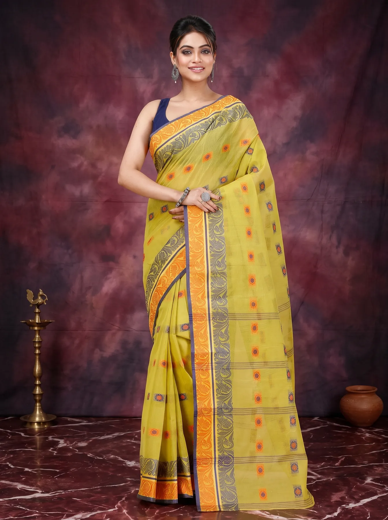 DipDiya Pure Cotton Mastered Yellow Pushti Desiging Stories of Bengal Tant Sarees