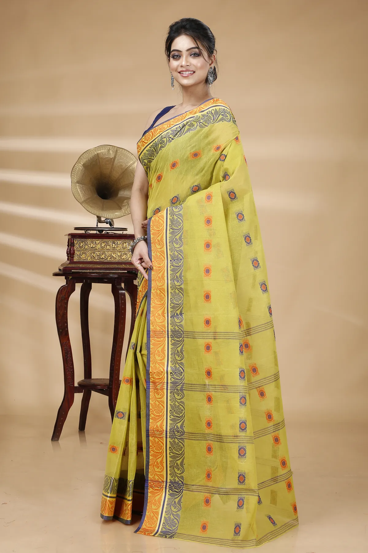 DipDiya Pure Cotton Mastered Yellow Pushti Desiging Stories of Bengal Tant Sarees