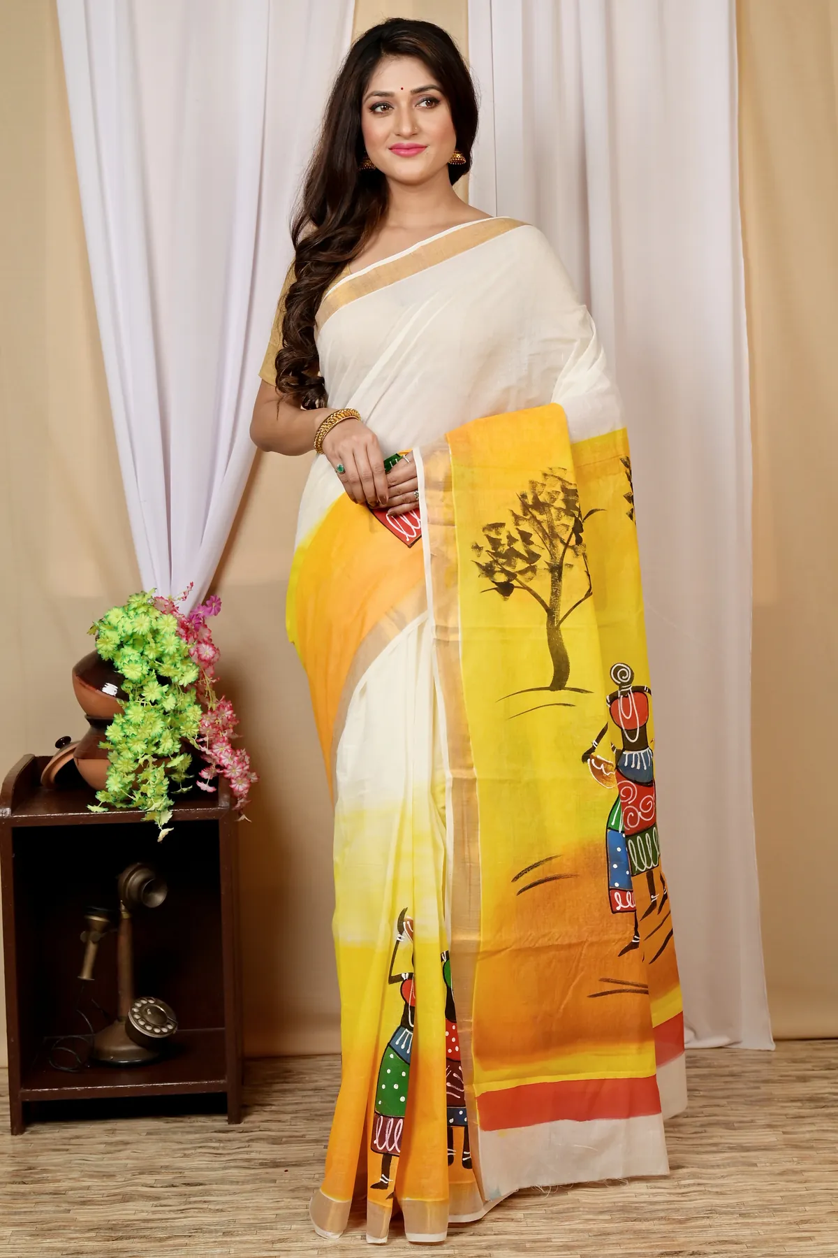DipDiya Pure Cotton Multi-Coloured Hataka Artisan Crafted Hand Painted Sarees