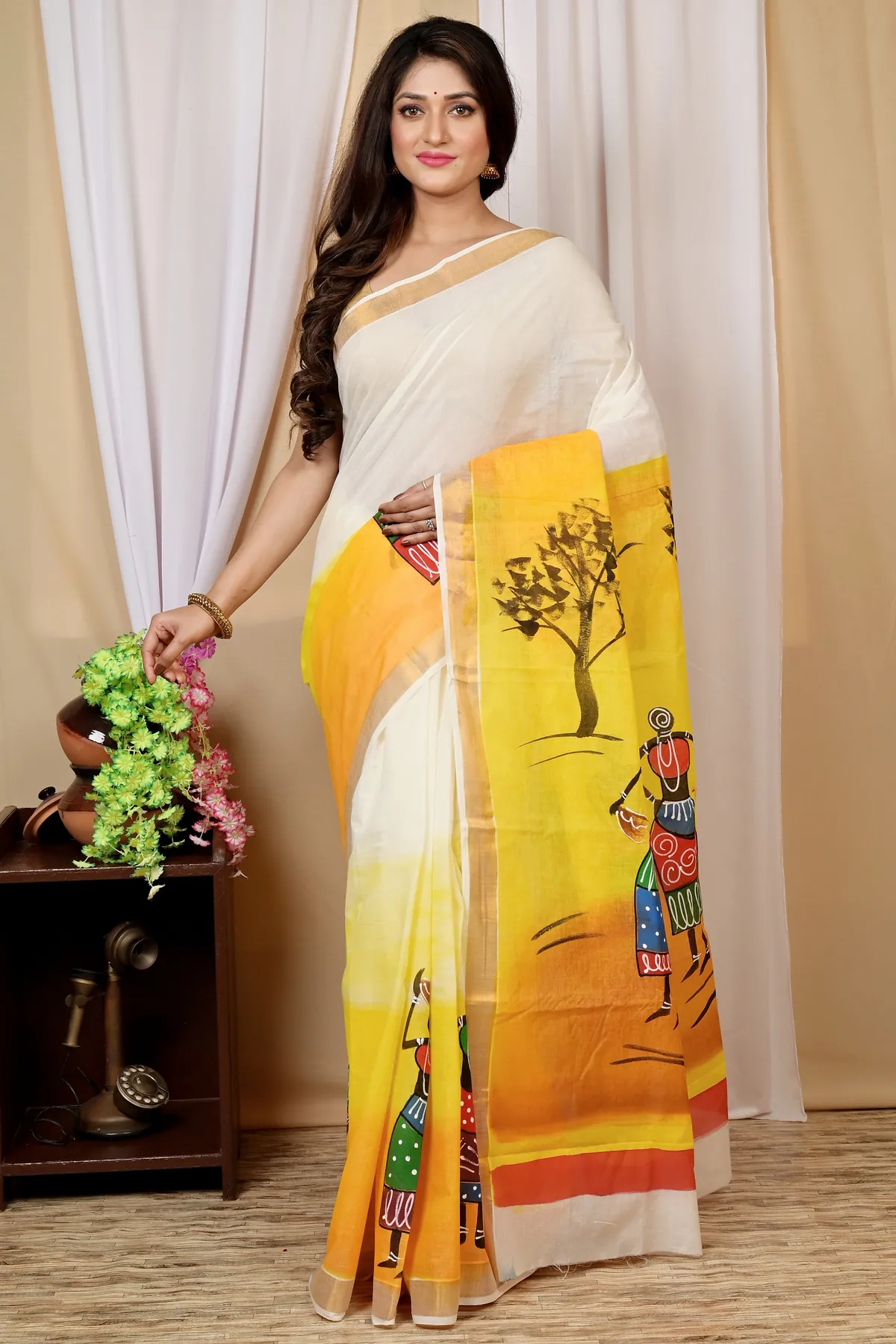 DipDiya Pure Cotton Multi-Coloured Hataka Artisan Crafted Hand Painted Sarees