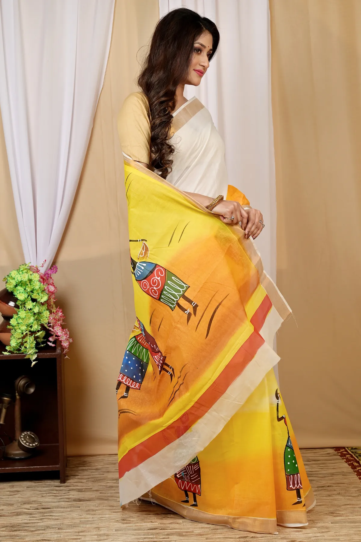 DipDiya Pure Cotton Multi-Coloured Hataka Artisan Crafted Hand Painted Sarees