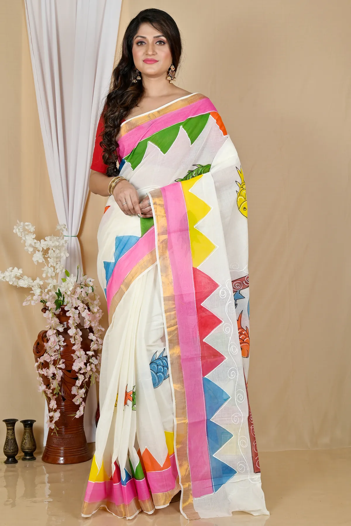 DipDiya Pure Cotton Multi-Coloured Hataka Artisan Wovens Hand Painted Sarees