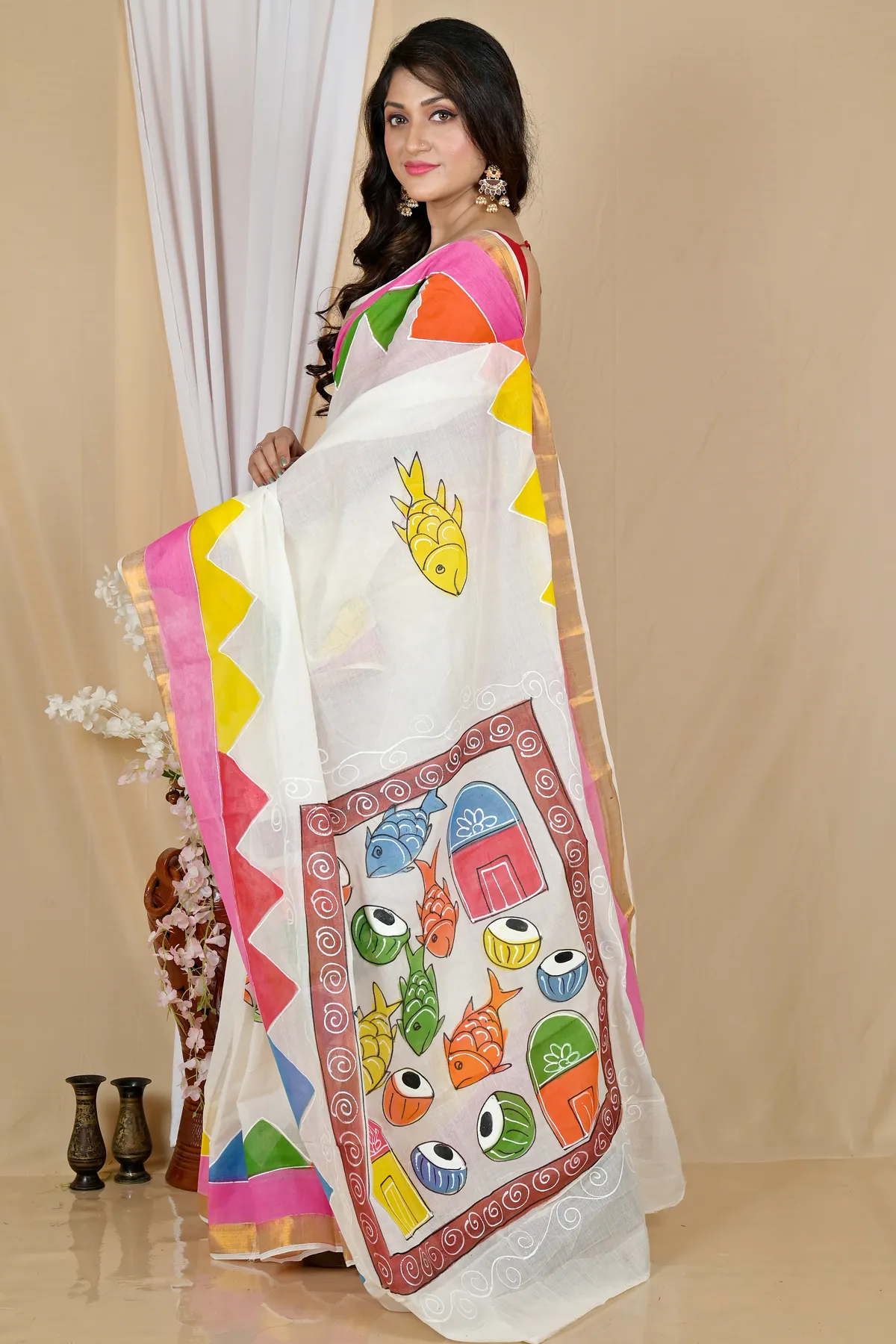 DipDiya Pure Cotton Multi-Coloured Hataka Artisan Wovens Hand Painted Sarees