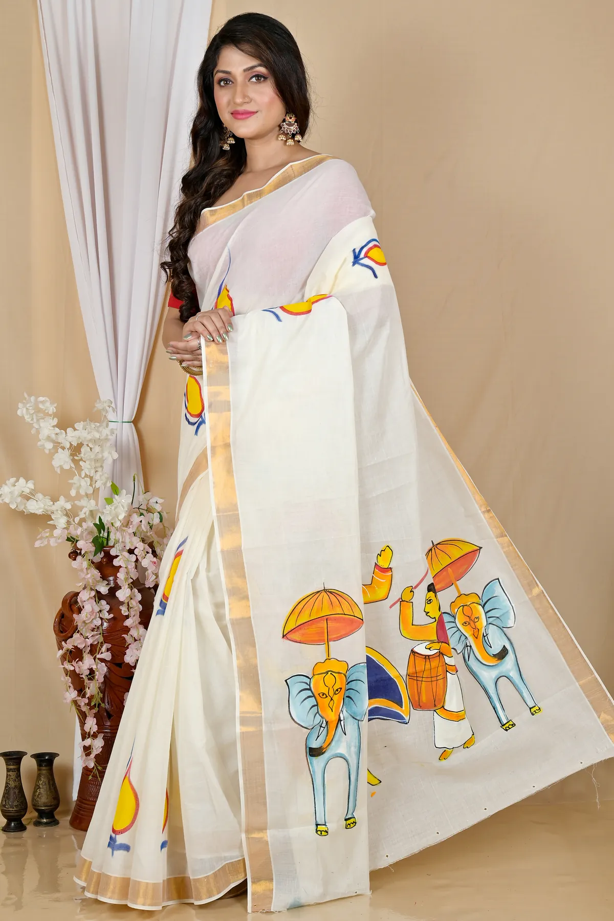 DipDiya Pure Cotton Multi-Coloured Hataka Bengal in Every Threads Hand Painted Sarees